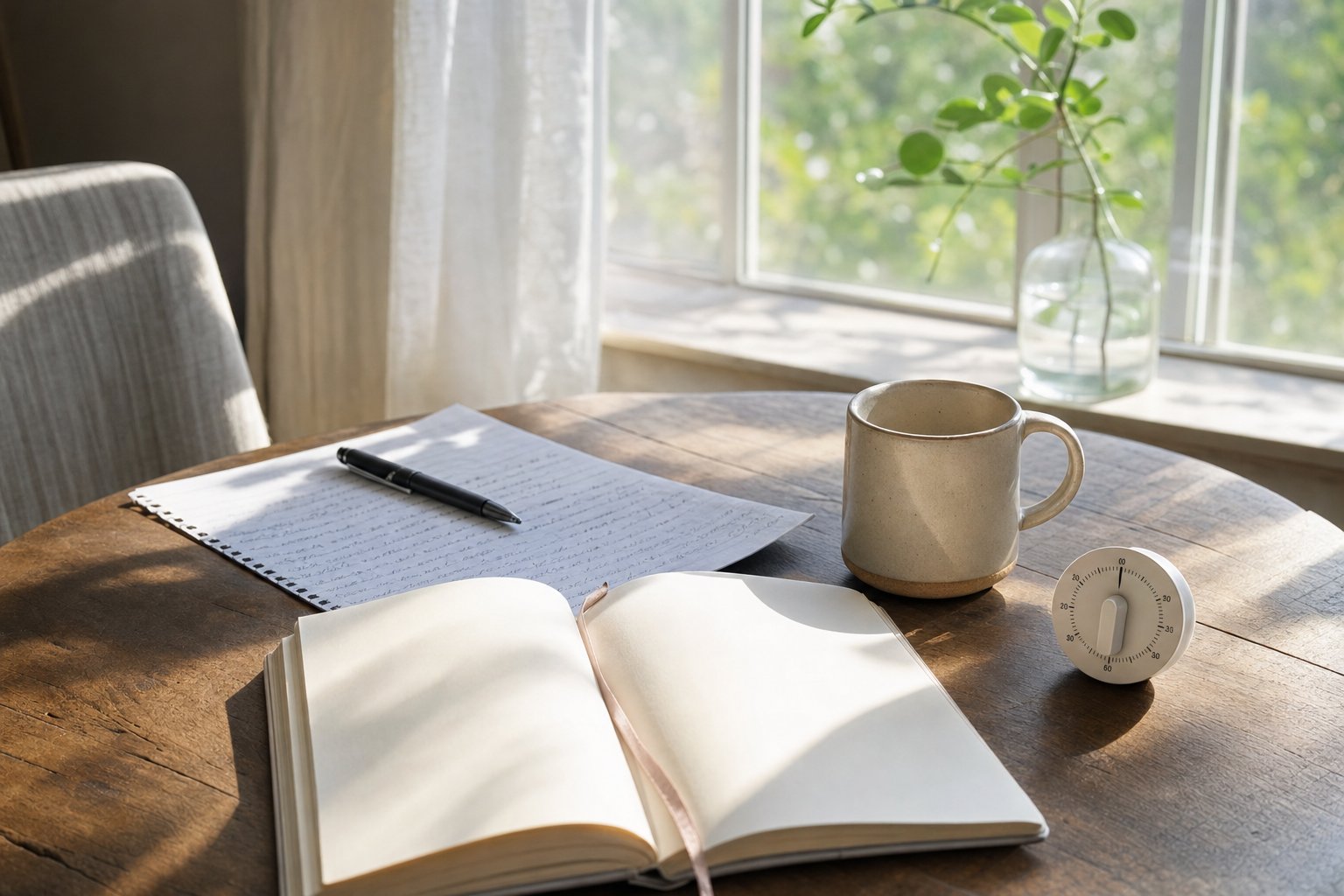 A notebook, pen, mug, and timer in morning light
