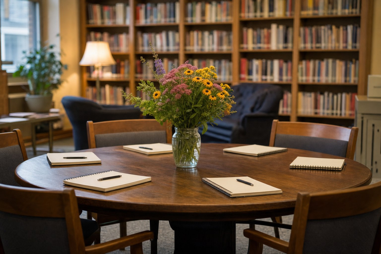 A prepared writing table in a warmly lit library