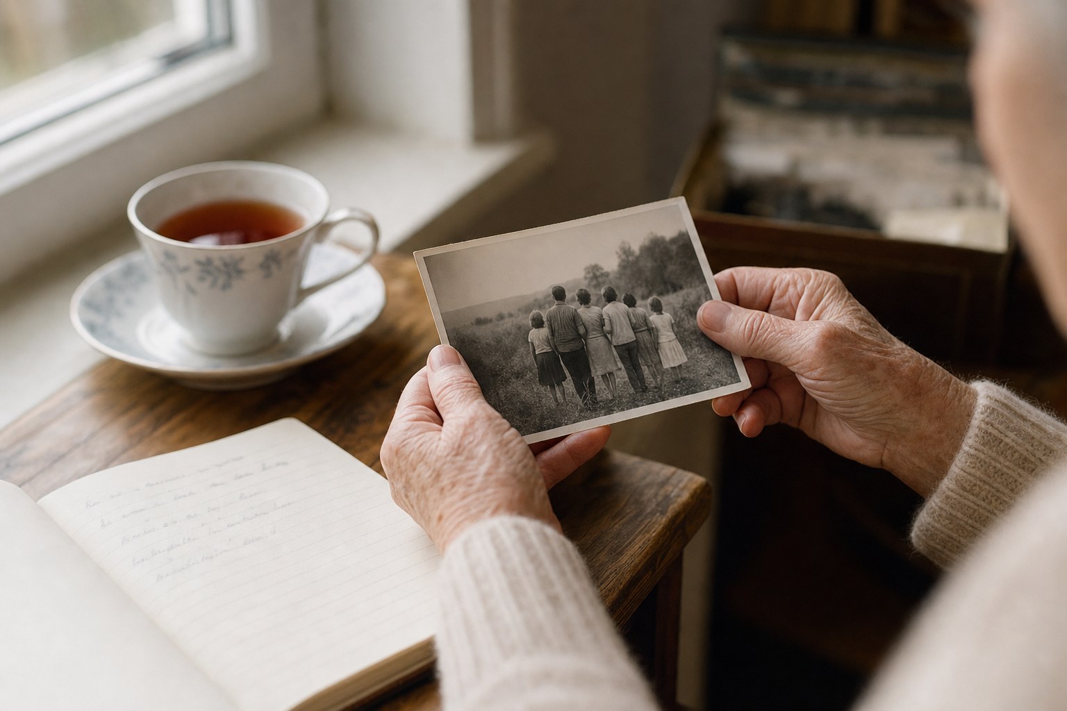 Older hands holding a family photograph beside an open notebook