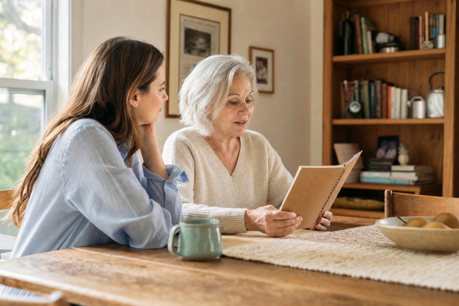 An older woman sharing a notebook with a younger family member