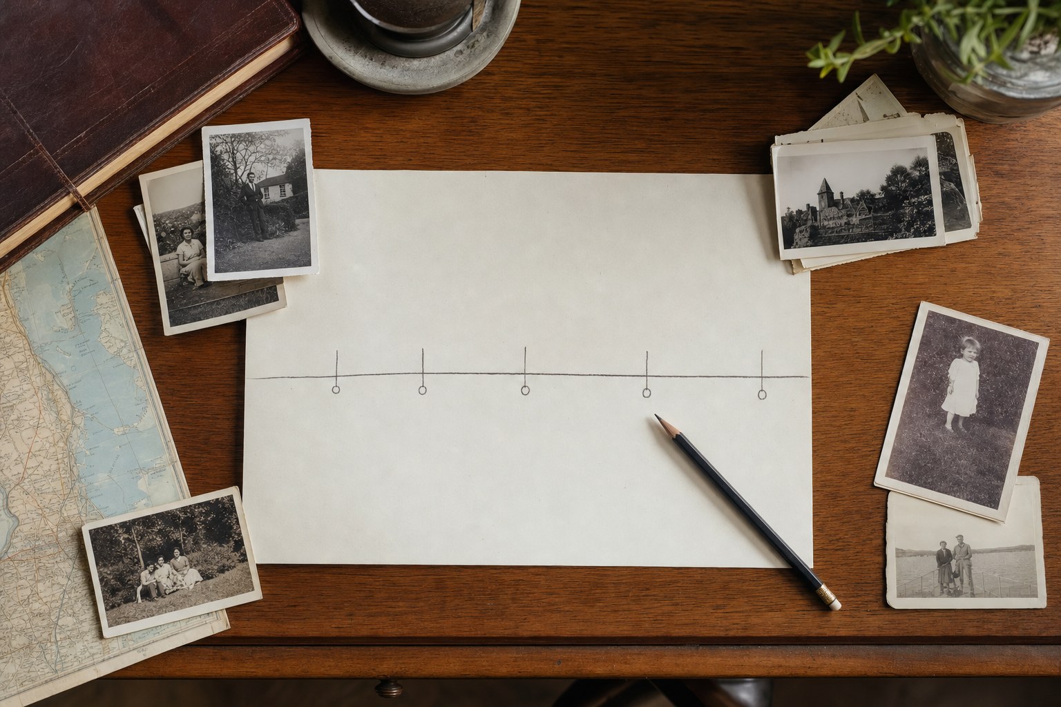 A hand-drawn timeline surrounded by family photographs and a map