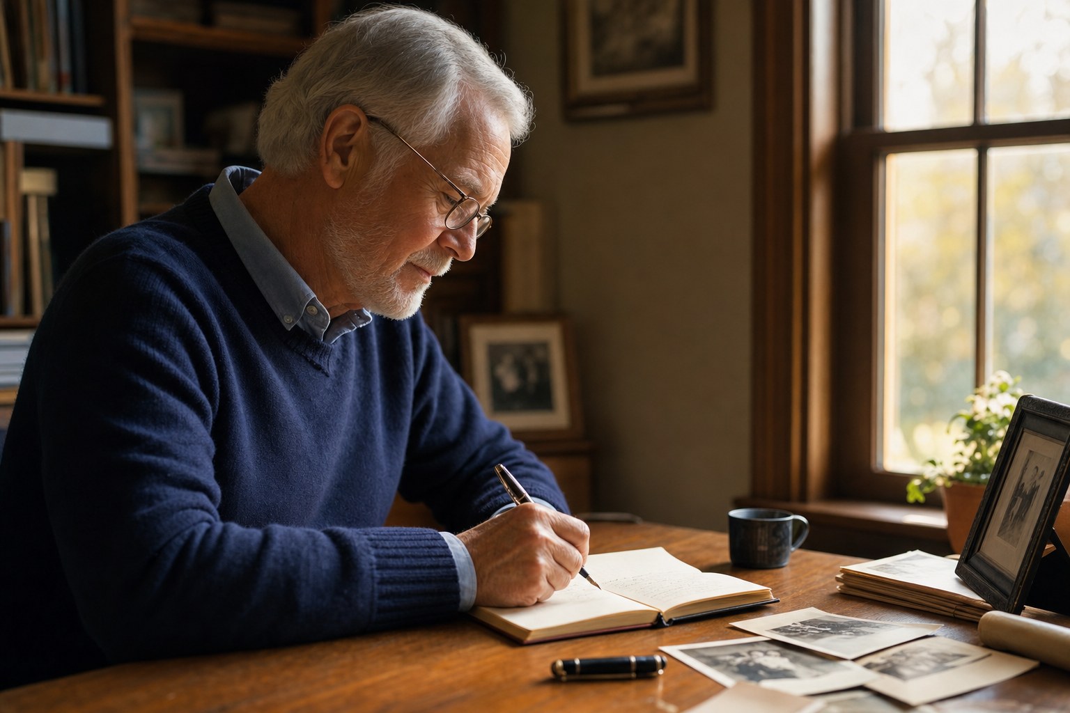 An older man writing at a desk beside family photographs