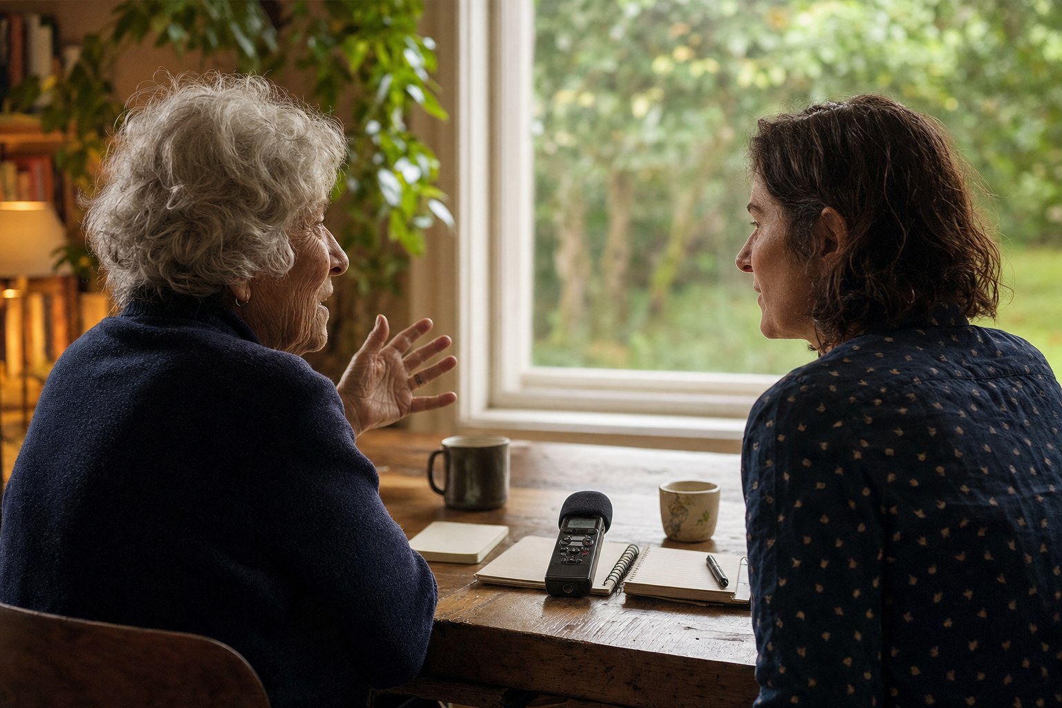 An older woman talking with an adult family member beside notebooks and a recorder