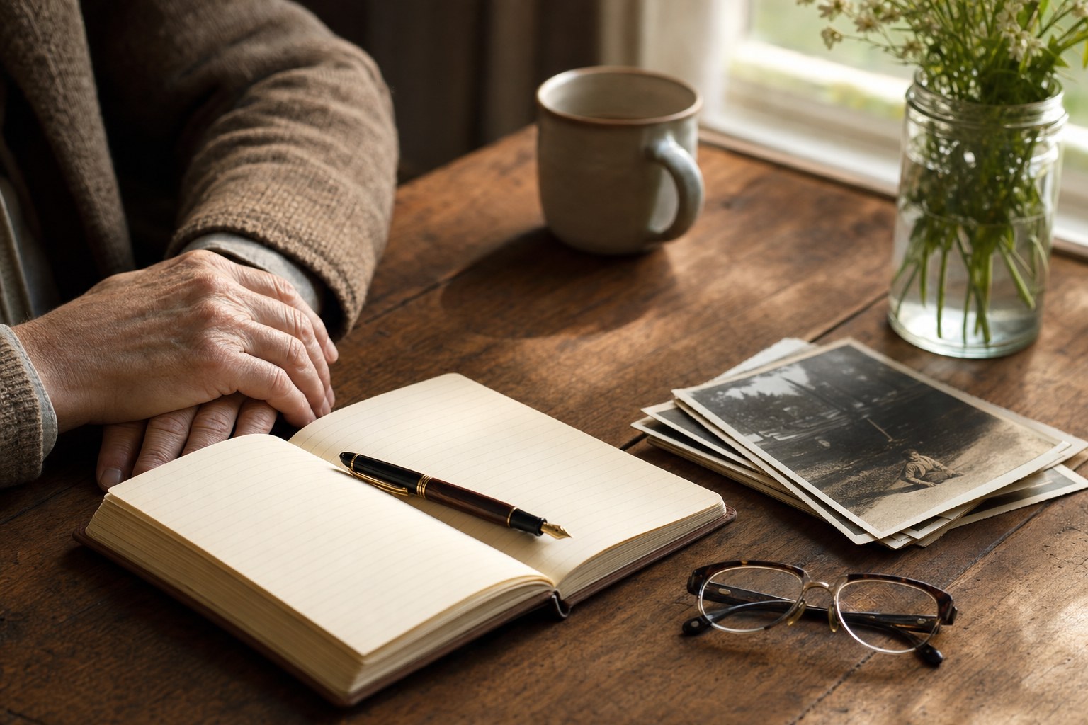 Older hands beside an open notebook, fountain pen, and family photographs