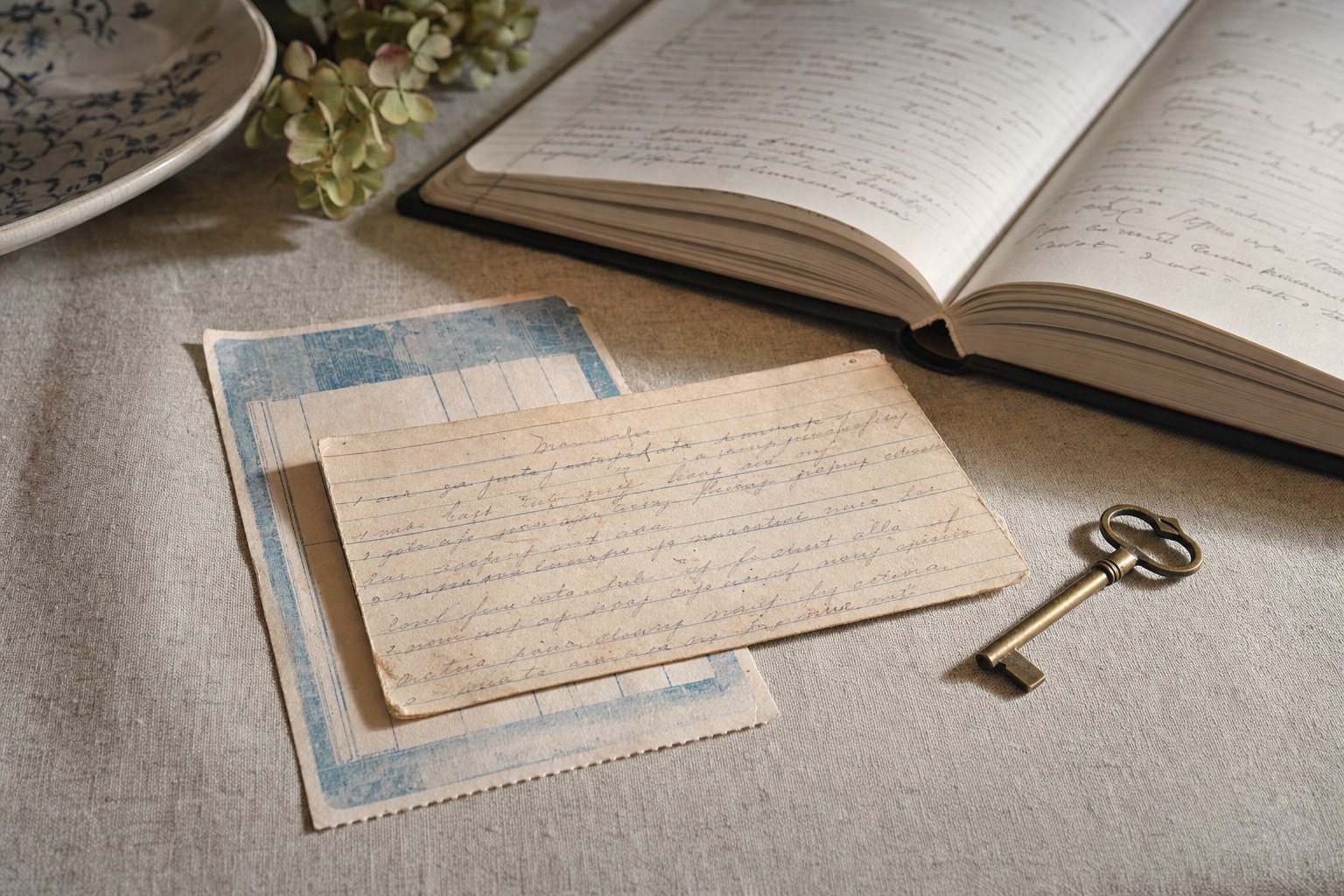 A family recipe card, old papers, and a brass key beside an open notebook