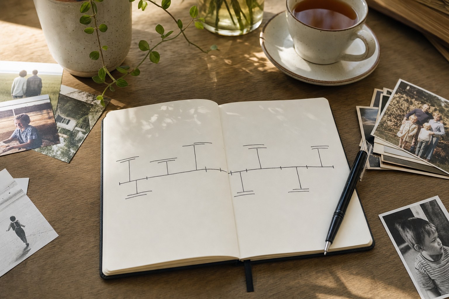 A simple hand-drawn timeline in an open notebook surrounded by family photographs