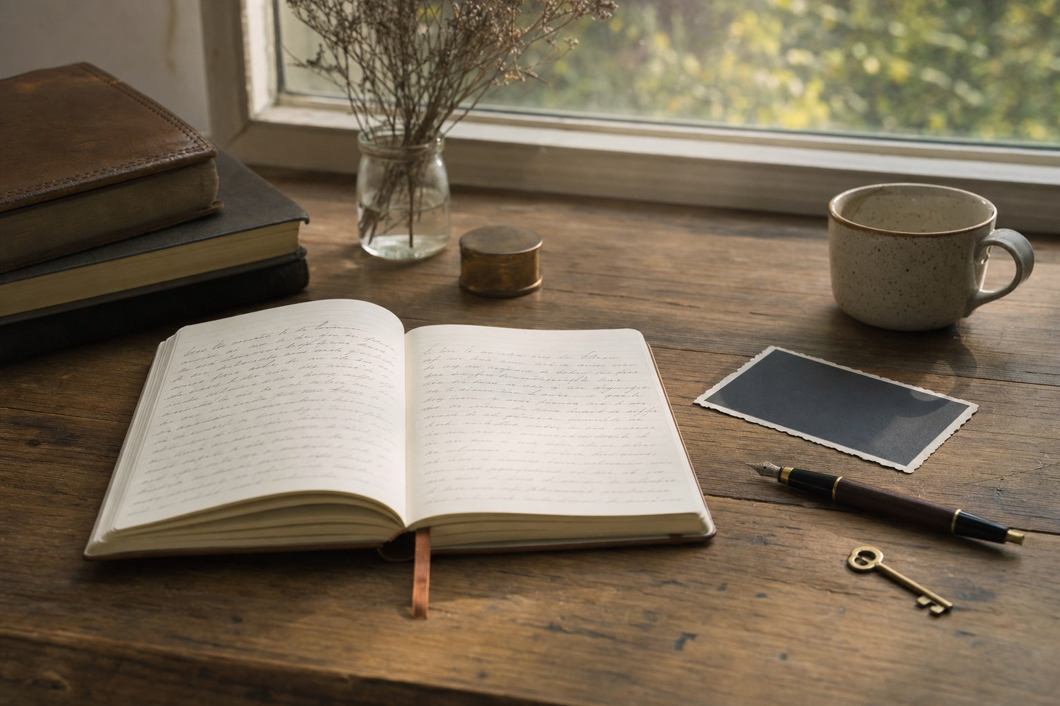 An open notebook, fountain pen, old photograph, and brass key on a sunlit writing desk