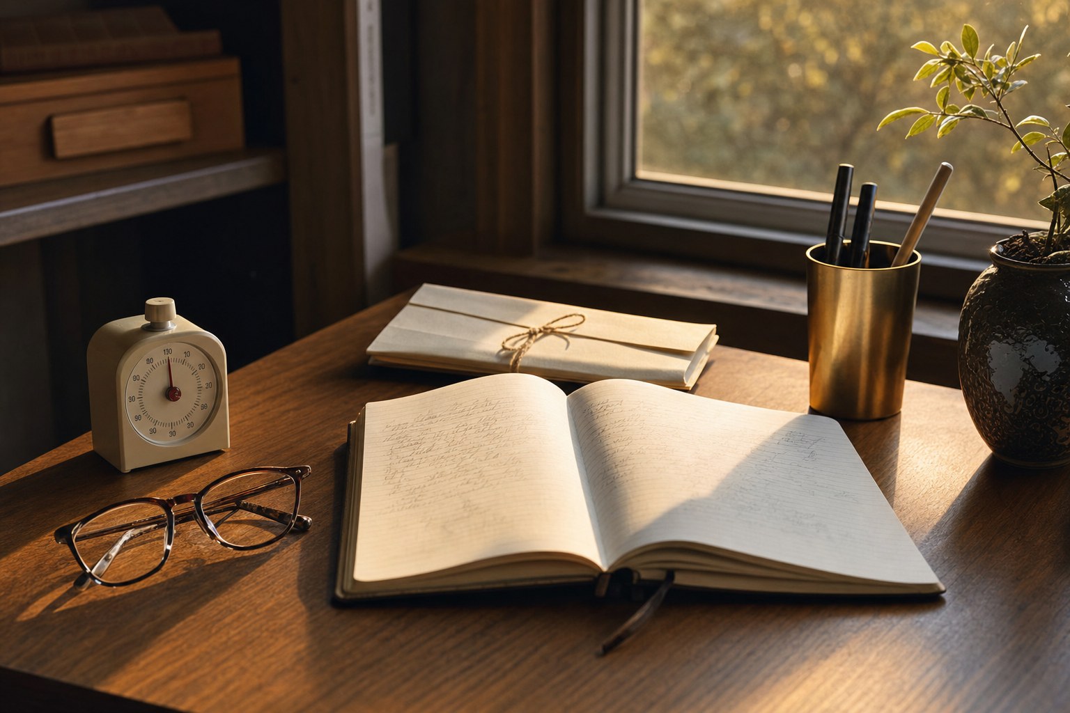 An open notebook, glasses, timer, and folded letter on a writing desk