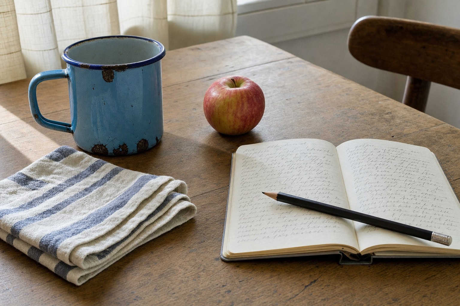 A blue enamel mug, apple, dish towel, notebook, and pencil on a kitchen table