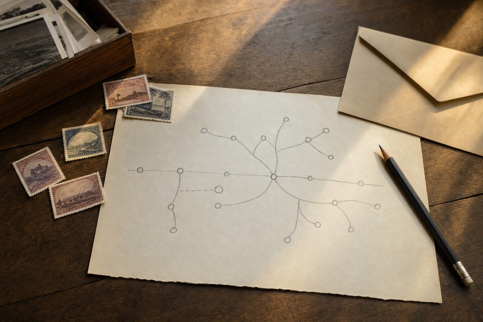 A simple hand-drawn memory map with old postage stamps, photographs, and an envelope