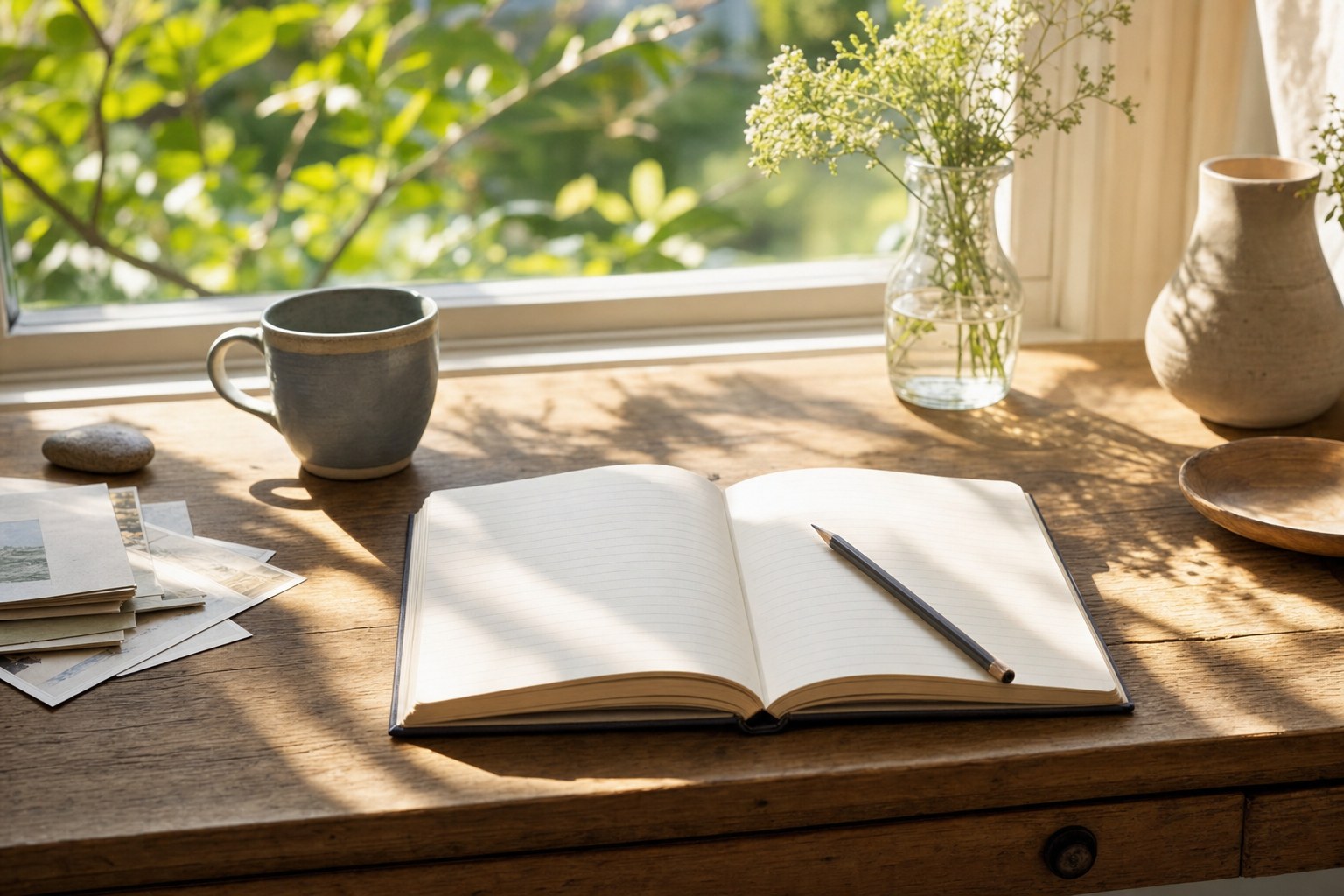 An open notebook and pencil on a sunlit writing desk beside a mug and postcards