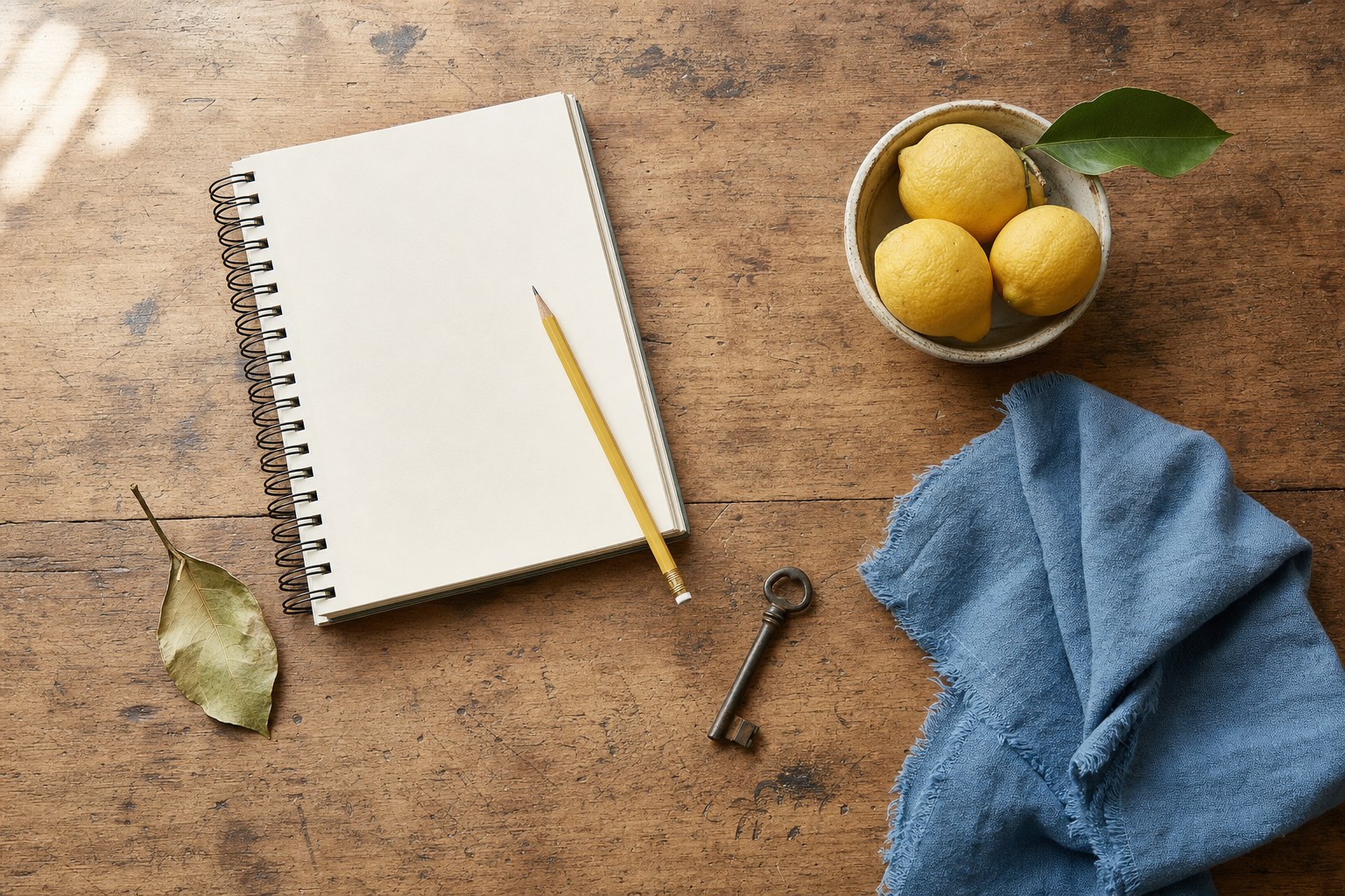 A blank notebook, pencil, lemons, leaf, key, and blue cloth on a worn wooden table