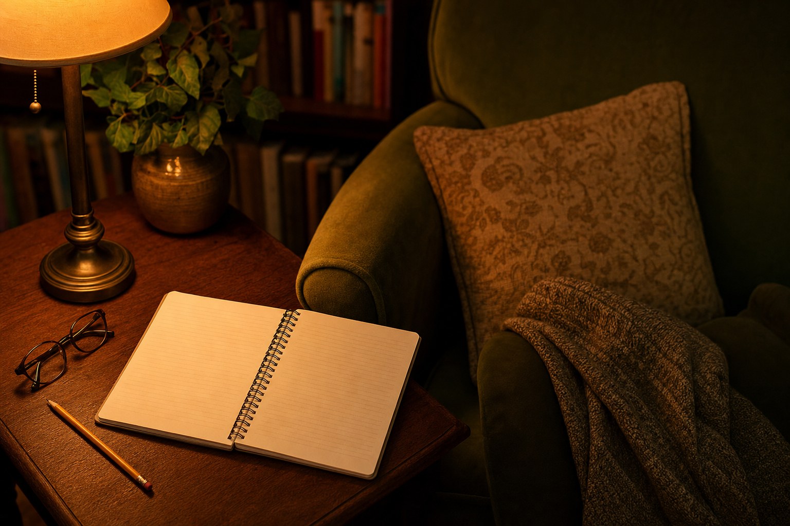 An open notebook, pencil, and reading glasses beside a lamp and a comfortable chair