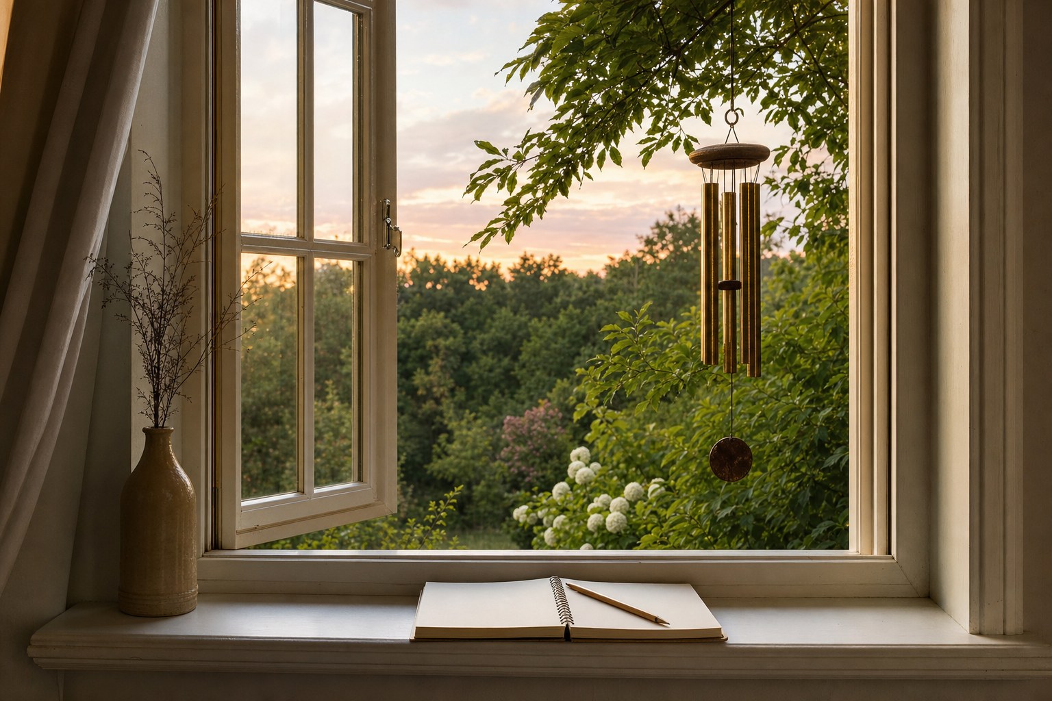 A notebook and pencil on an open windowsill beside wind chimes at sunset