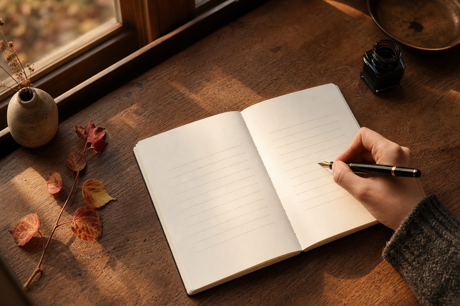 An open notebook, fountain pen, and autumn leaves on a sunlit writing desk