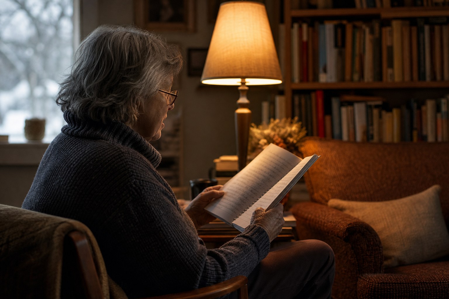 A writer reading a notebook aloud in a warmly lit room