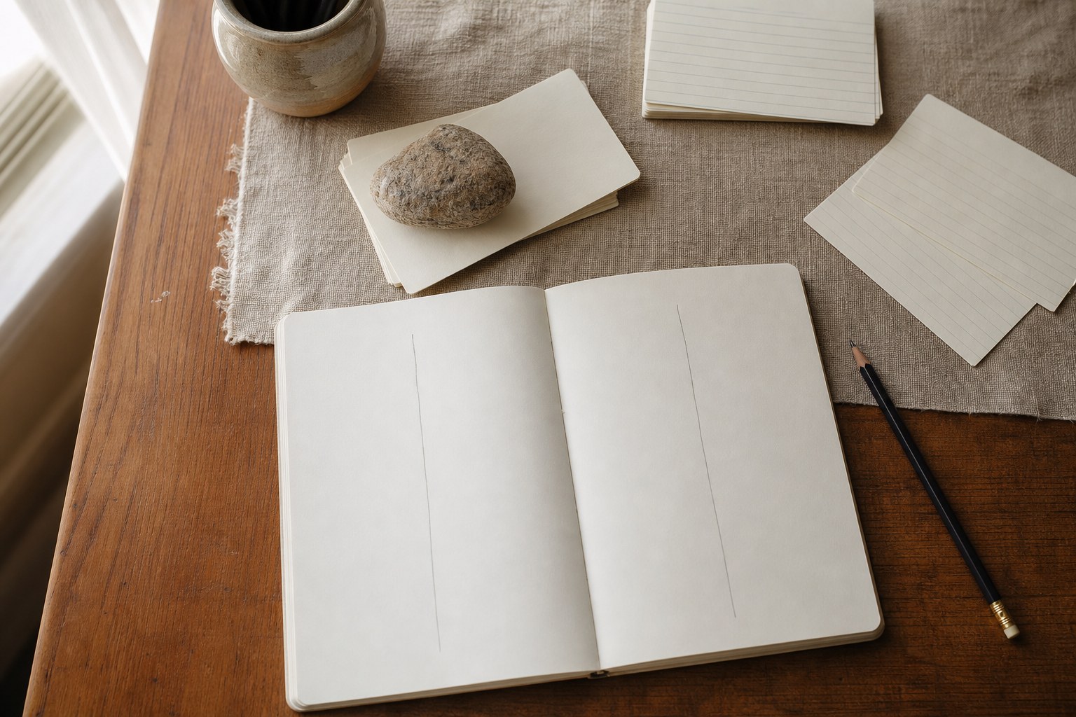 A notebook divided into two working sections with a pencil, index cards, and a small stone