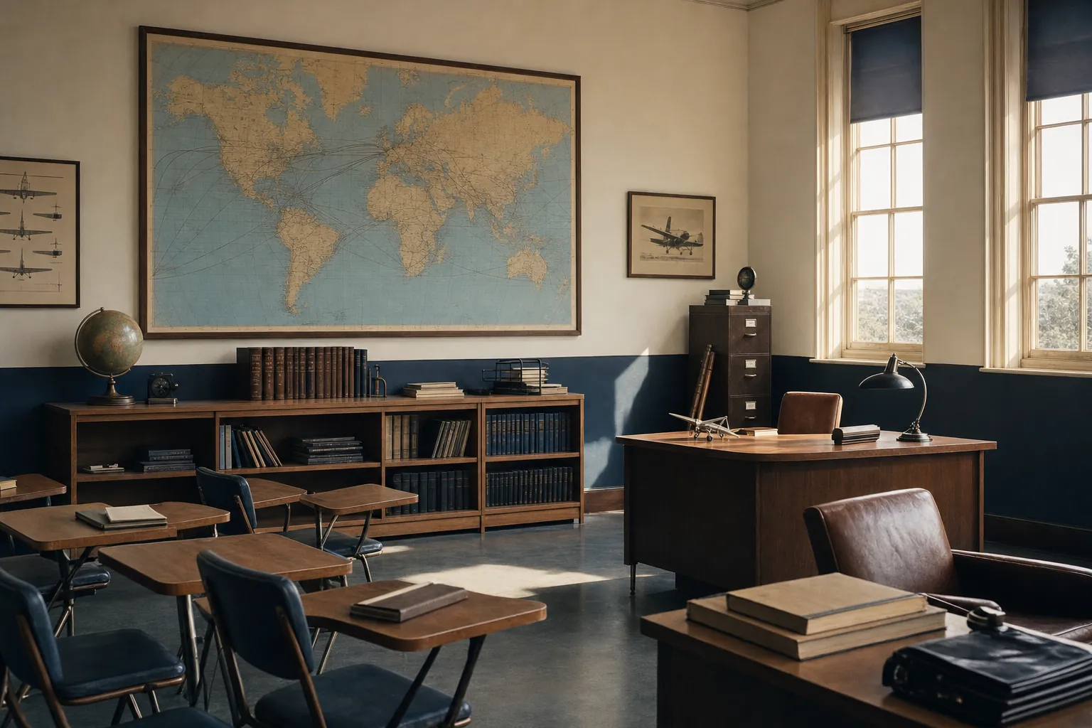 An archival-style aviation training room with manuals and a world route map