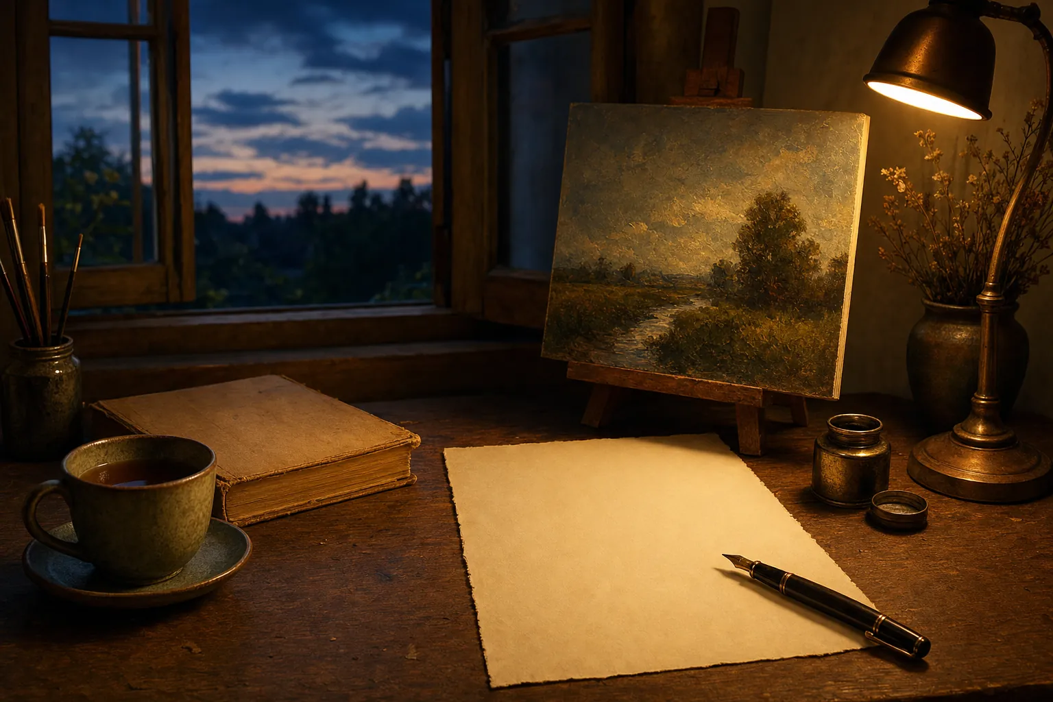 A poem page and painting in a warmly lit evening study