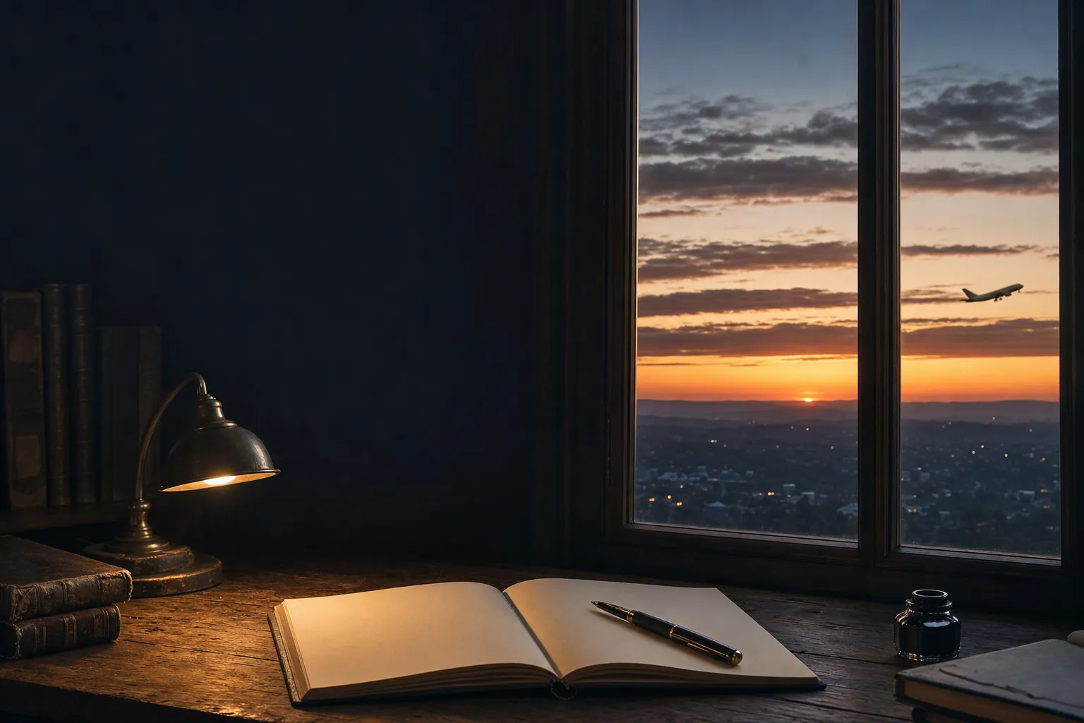 A quiet study at dusk looking toward a distant horizon