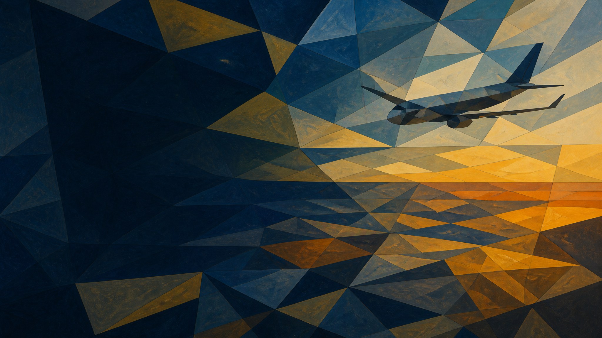 A geometric painting of a passenger jet flying toward a golden horizon