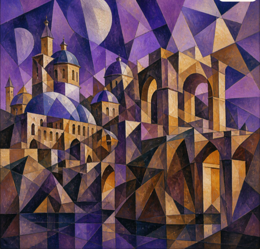 A violet city beneath twin moons in a prismatic painting
