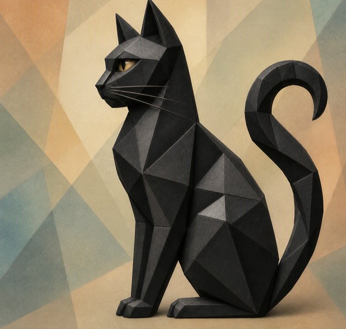 Geometric portrait of a regal black cat with golden eyes and a curled tail