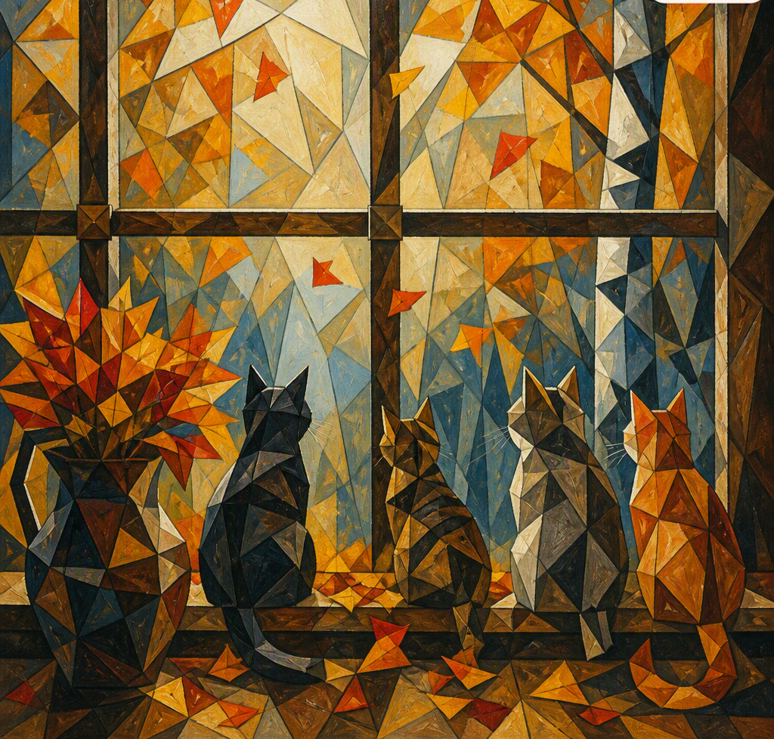 Four cats watching autumn leaves through a window in a geometric painting