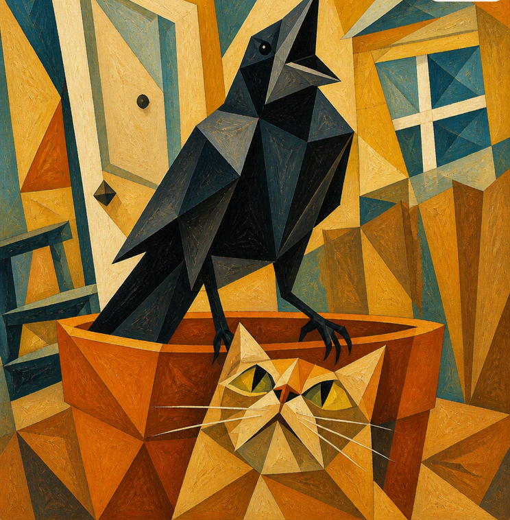 A black crow perched over an orange cat in a warm geometric painting