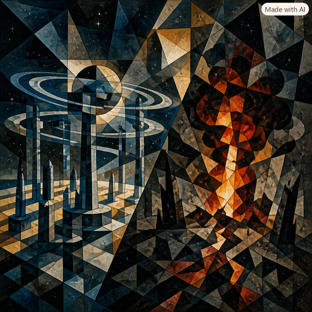 A stained-glass-style vision of a city, planets, and a glowing human figure