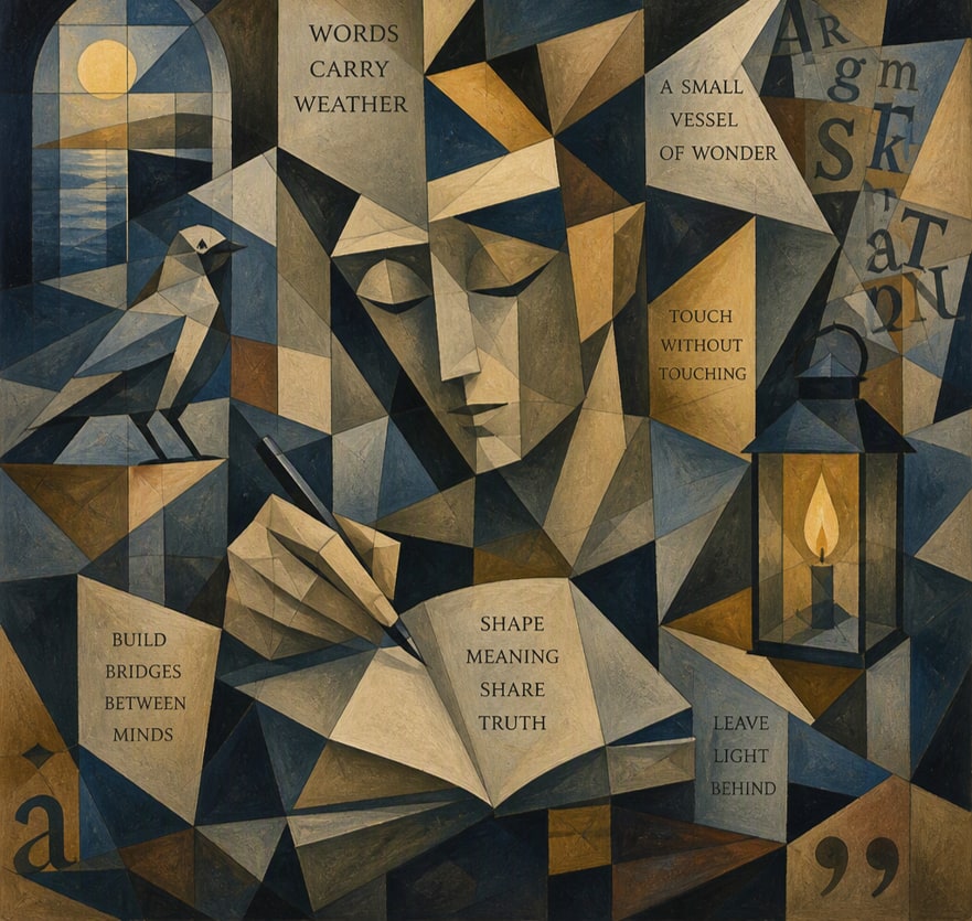 A cubist illustration of a writer, a bird, and a lantern among words