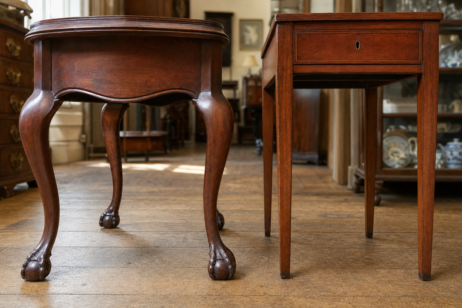 Curved and straight antique table legs shown side by side