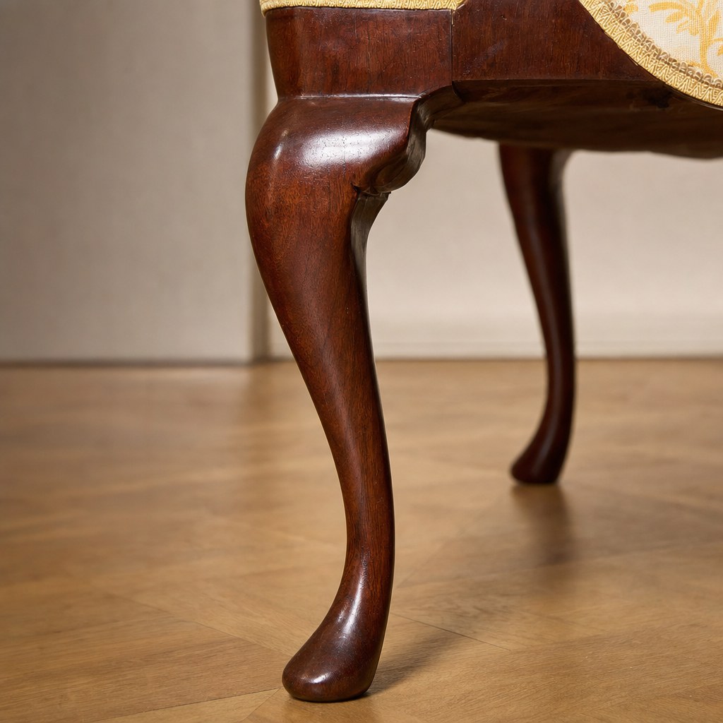 Curved cabriole chair leg ending in a rounded pad foot