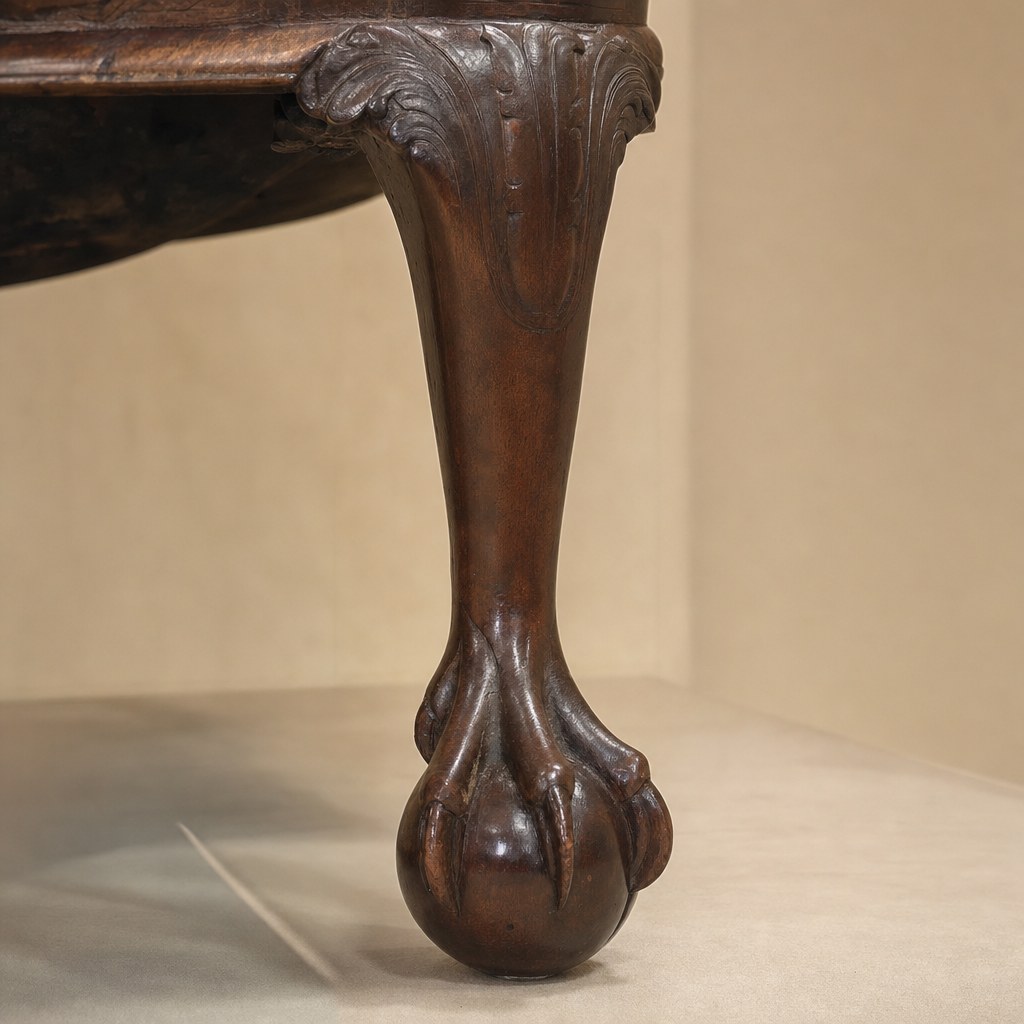 Carved dark wood claw-and-ball foot on an antique chair leg