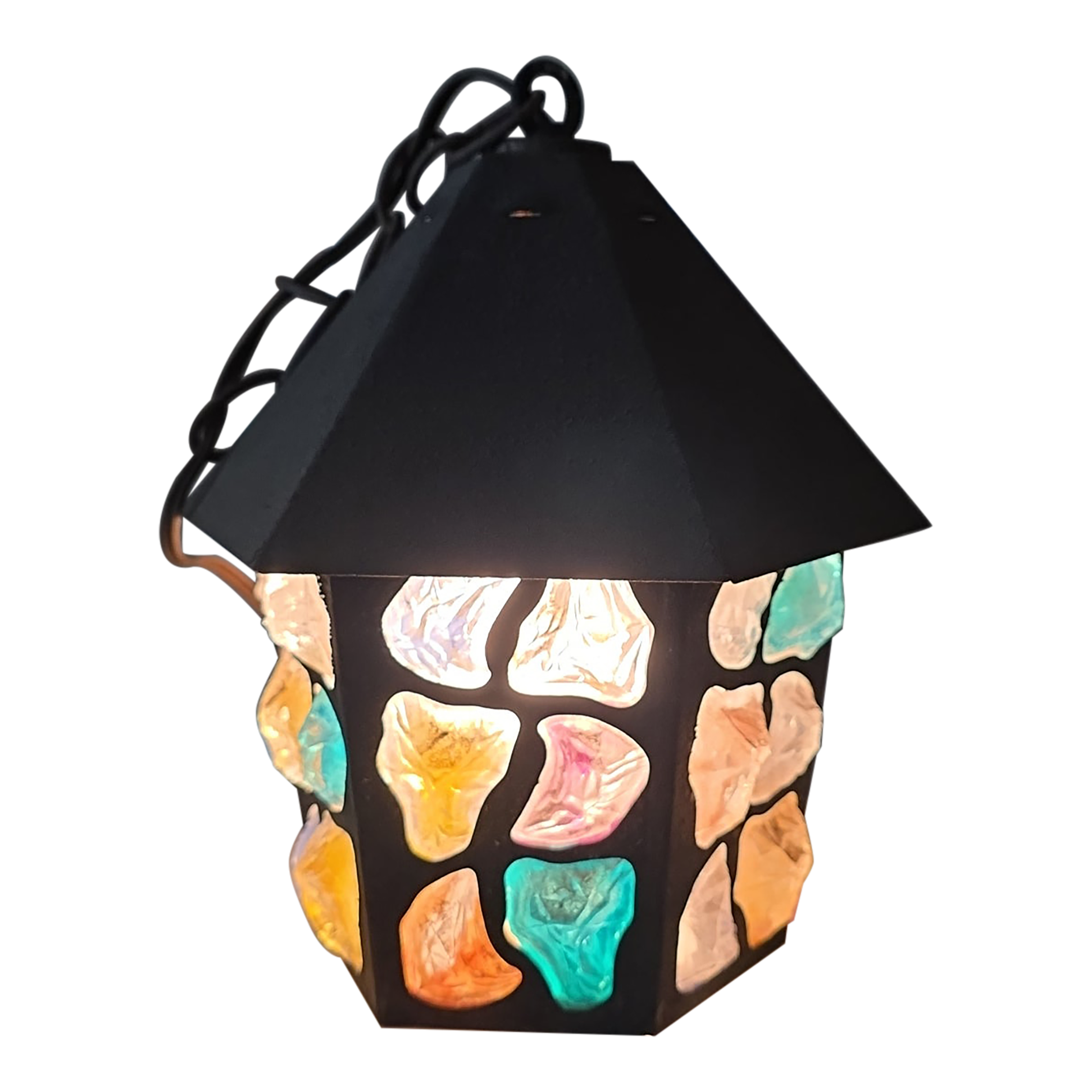 1950s English Arts & Crafts Glass, Lead & Hammered Sheet Metal Porch Lantern by Peter Marsh