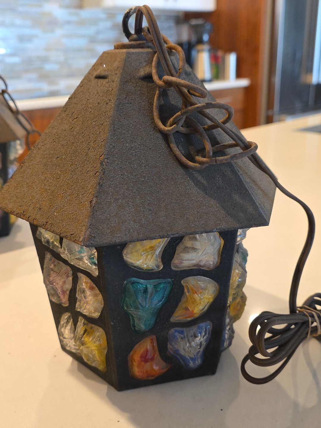 1950s English Arts & Crafts Glass, Lead & Hammered Sheet Metal Porch Lantern by Peter Marsh, detail 2