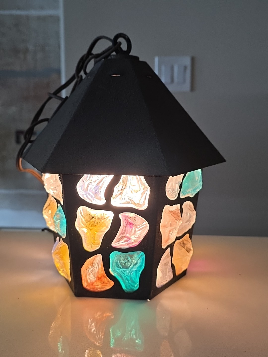 1950s English Arts & Crafts Glass, Lead & Hammered Sheet Metal Porch Lantern by Peter Marsh, detail 3