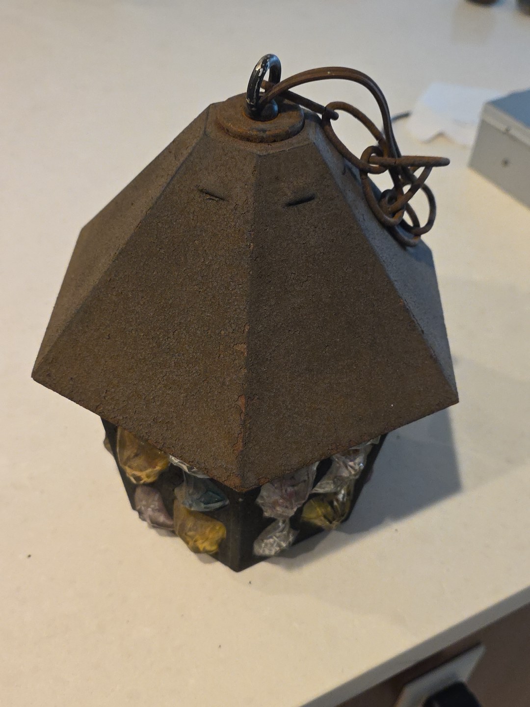 1950s English Arts & Crafts Glass, Lead & Hammered Sheet Metal Porch Lantern by Peter Marsh, detail 4