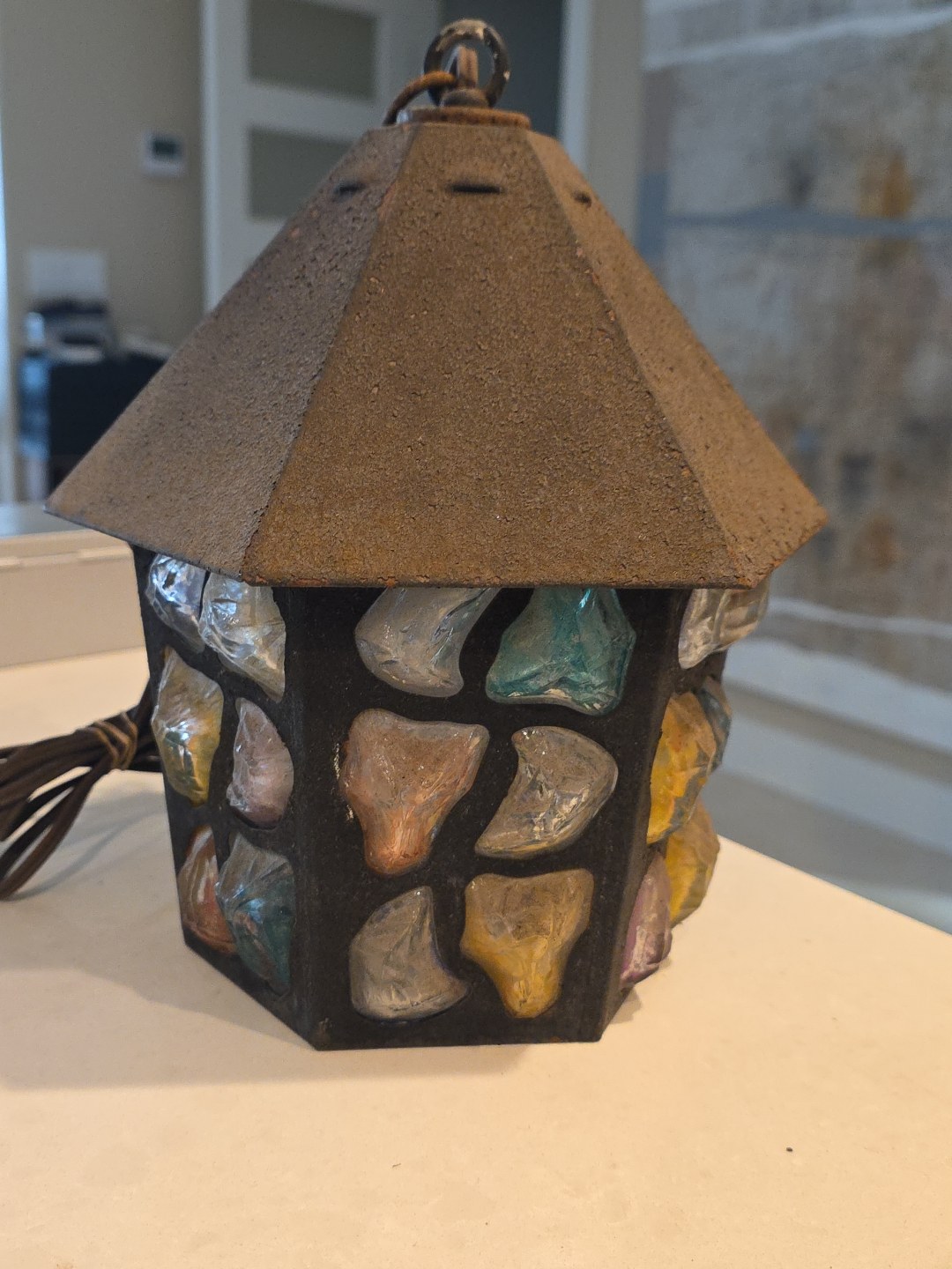 1950s English Arts & Crafts Glass, Lead & Hammered Sheet Metal Porch Lantern by Peter Marsh, detail 5