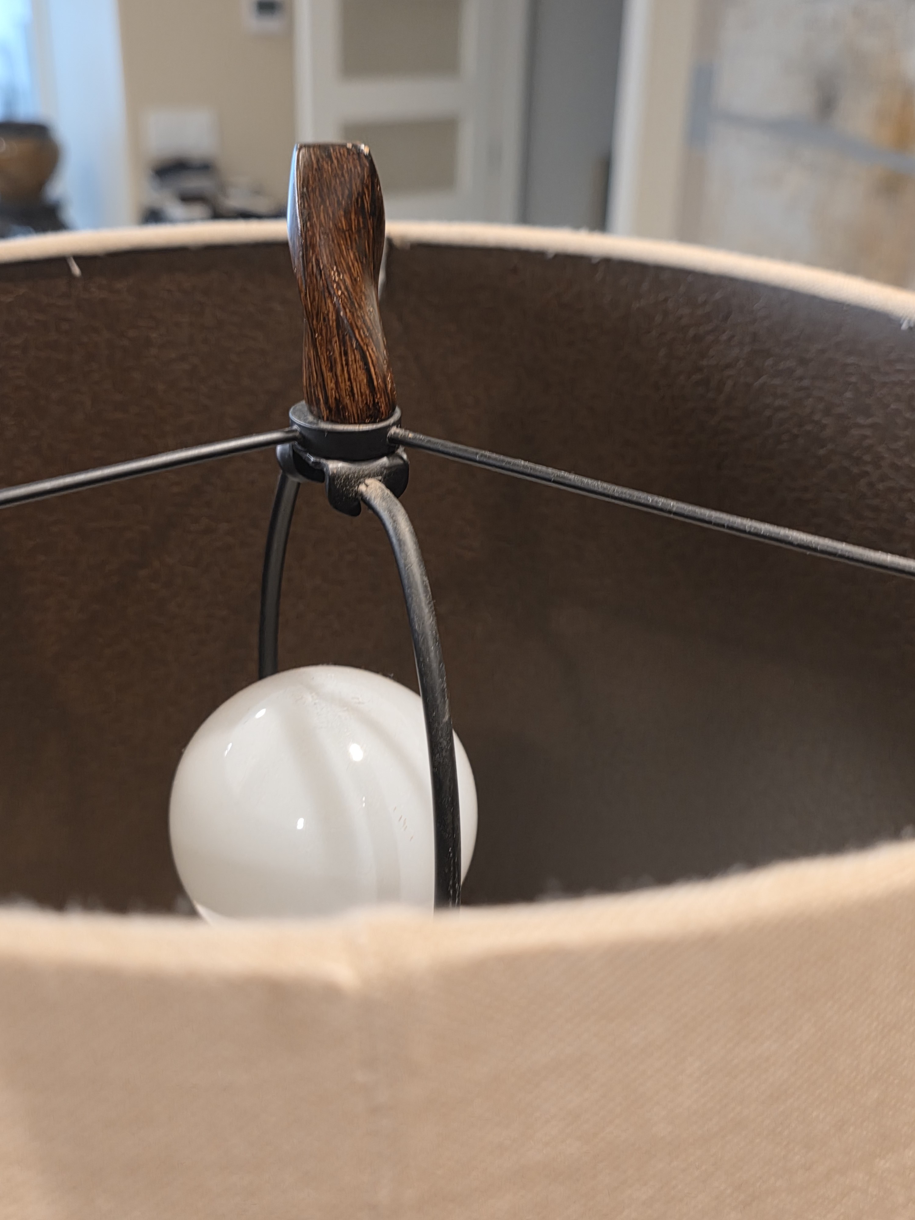 1970s Mid Century Modern Organic Twisted Wood Table Lamp & Shade, detail 2