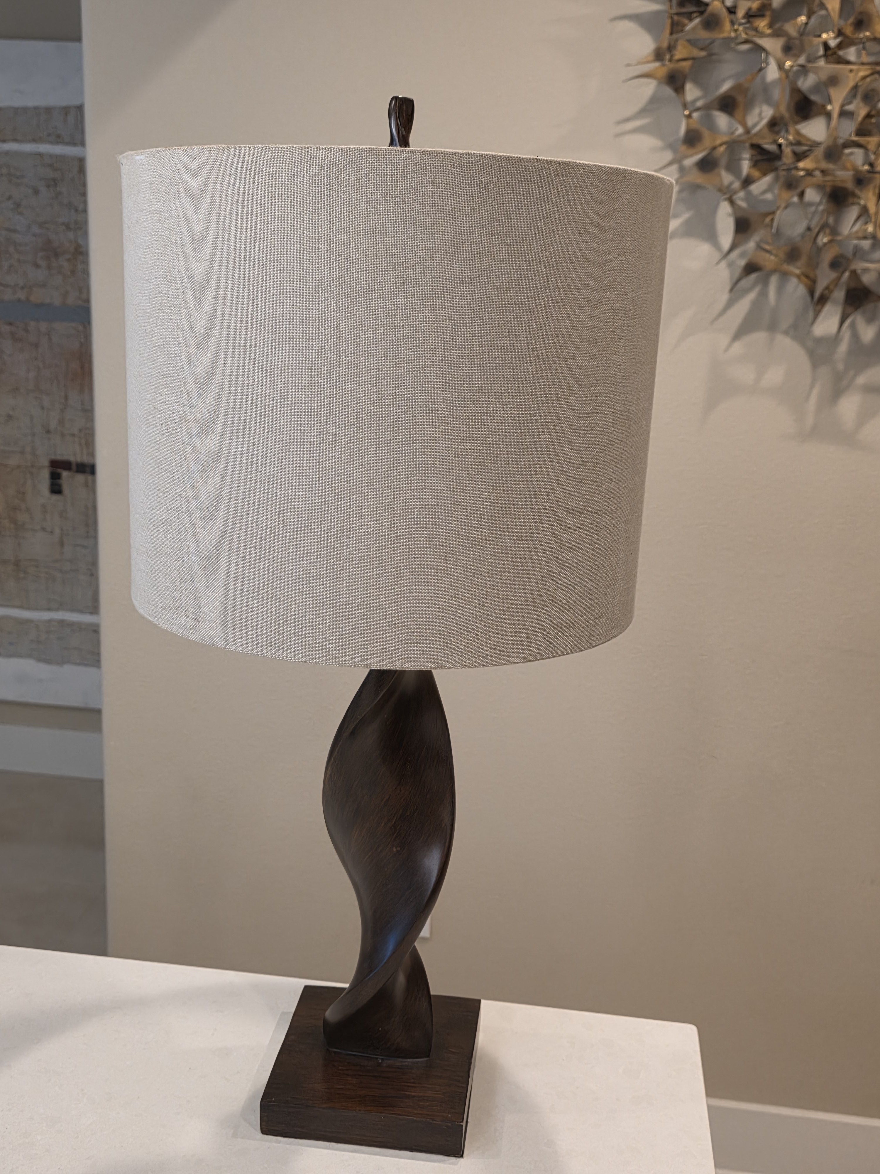 1970s Mid Century Modern Organic Twisted Wood Table Lamp & Shade, detail 4