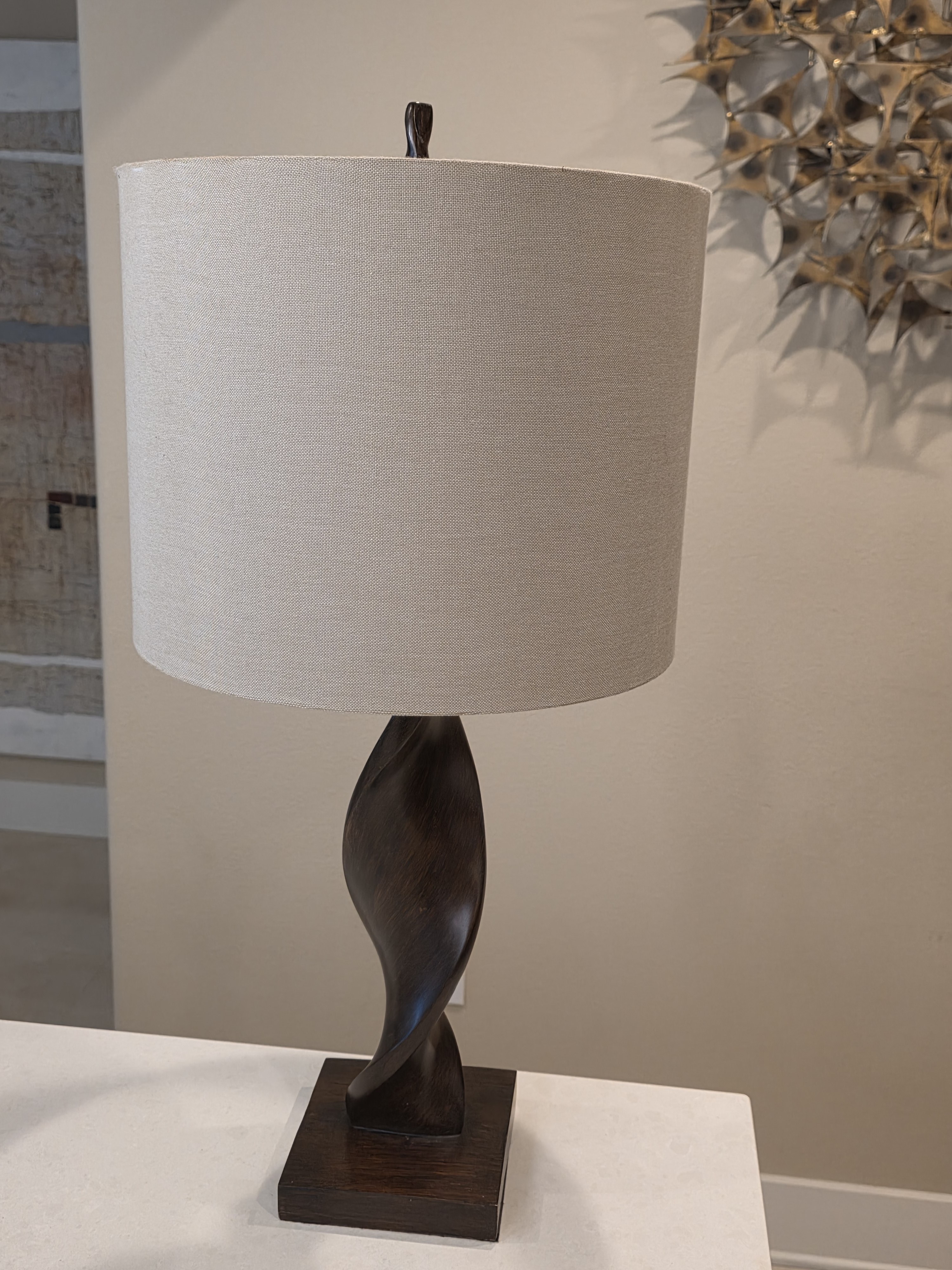 1970s Mid Century Modern Organic Twisted Wood Table Lamp & Shade, detail 5