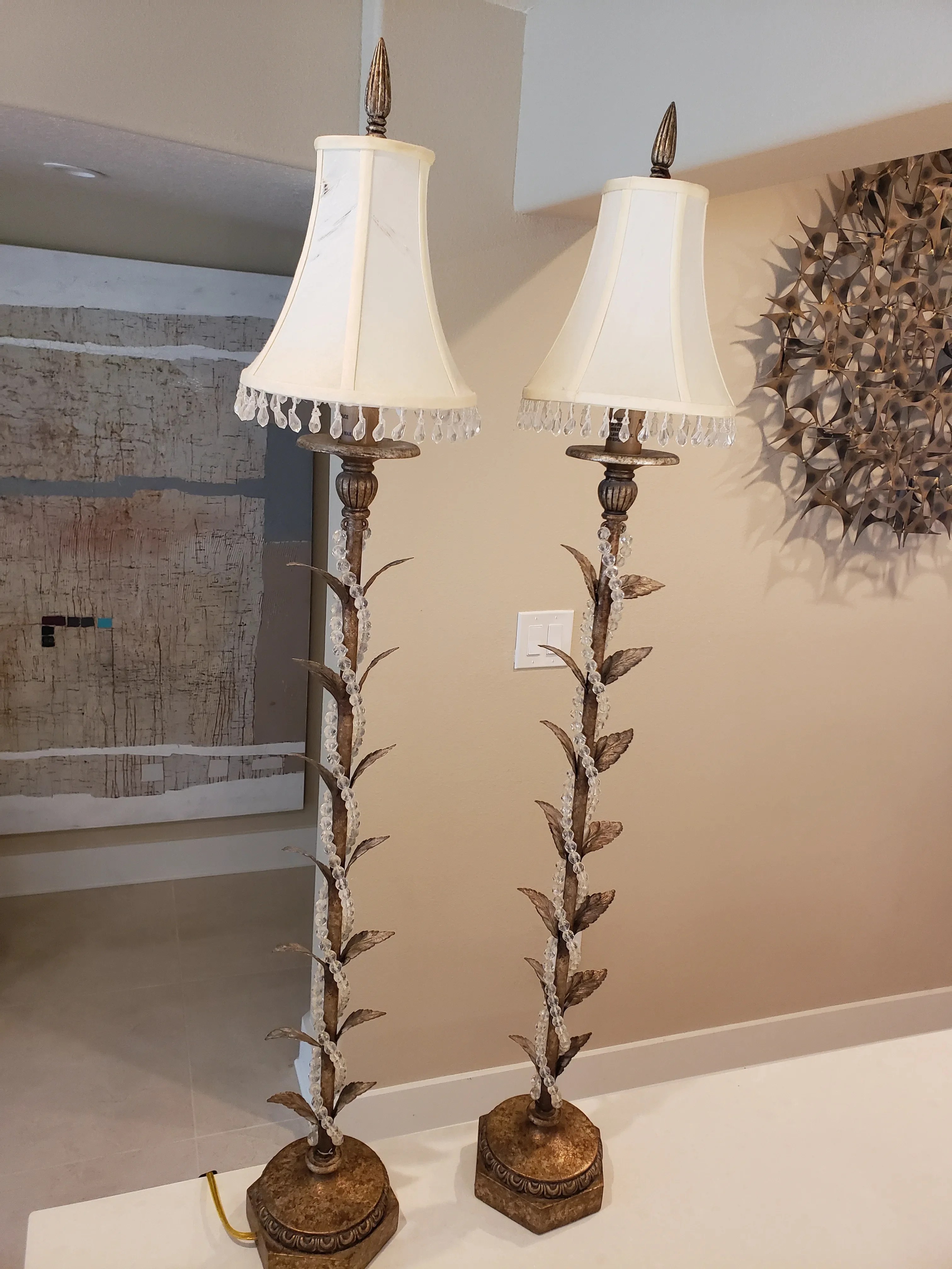 1980s Fine Art Lamps in Organic Floral and Crystal Motif - a Pair, detail 2