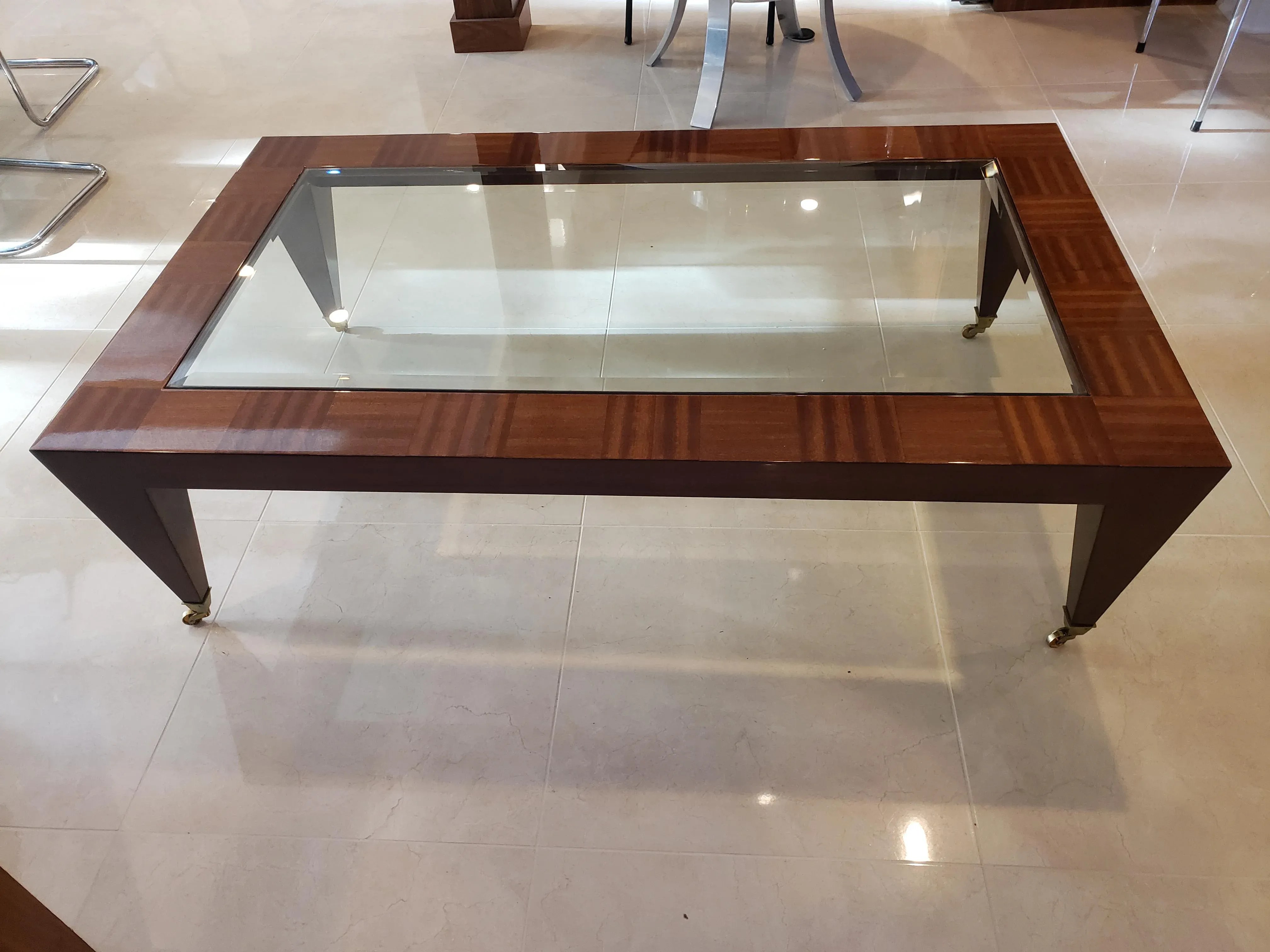 1980s Glass Inlaid in Wood Coffee Table With Brass Roller Feet, detail 2
