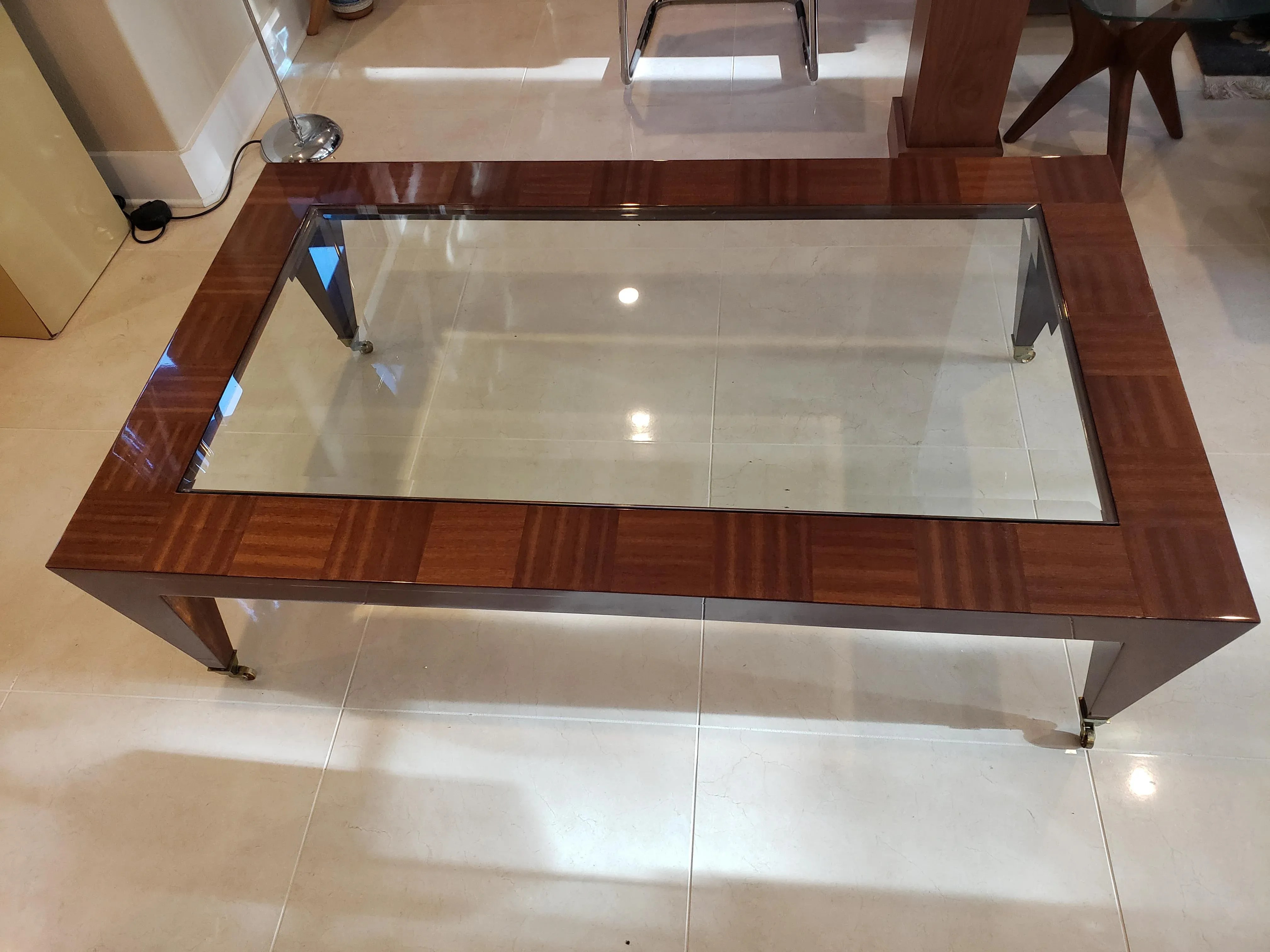 1980s Glass Inlaid in Wood Coffee Table With Brass Roller Feet, detail 3
