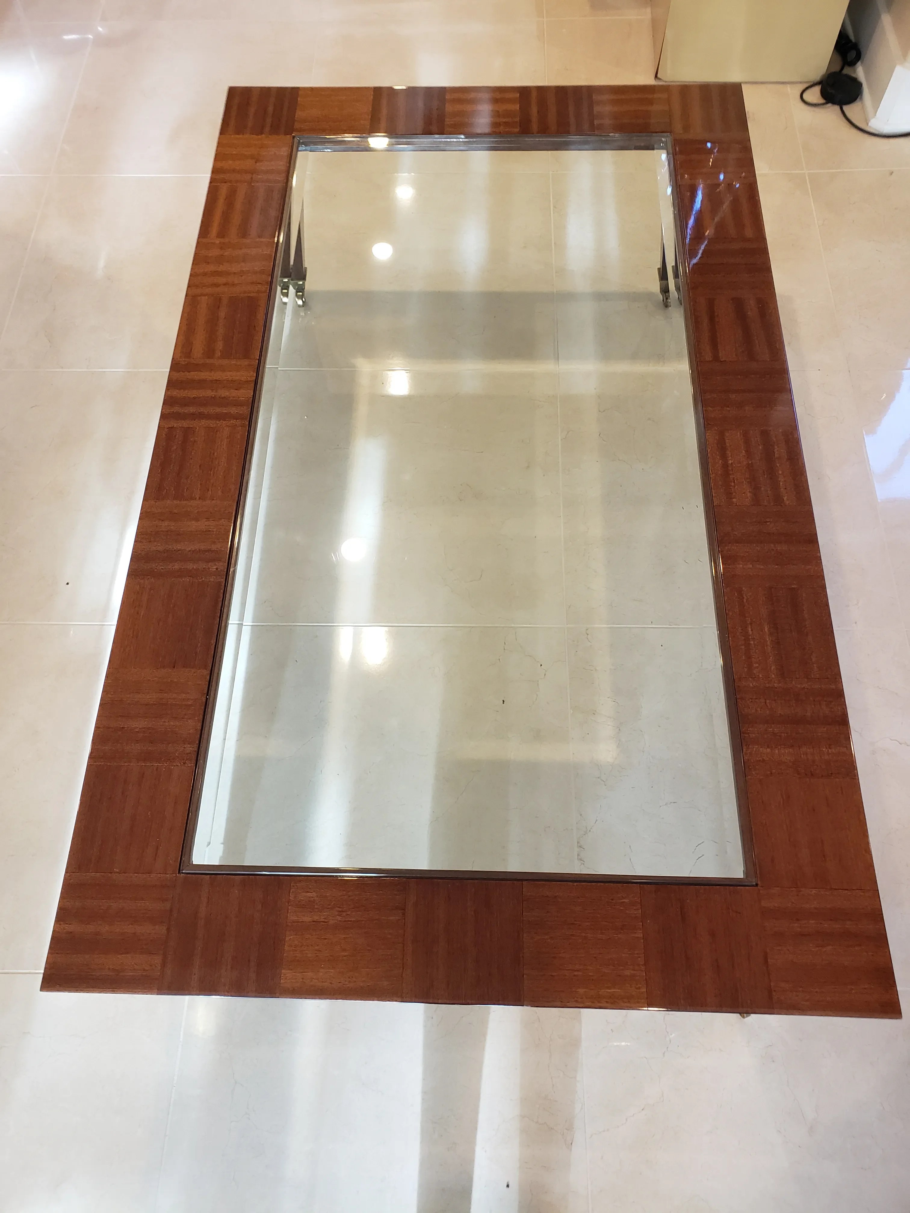 1980s Glass Inlaid in Wood Coffee Table With Brass Roller Feet, detail 4