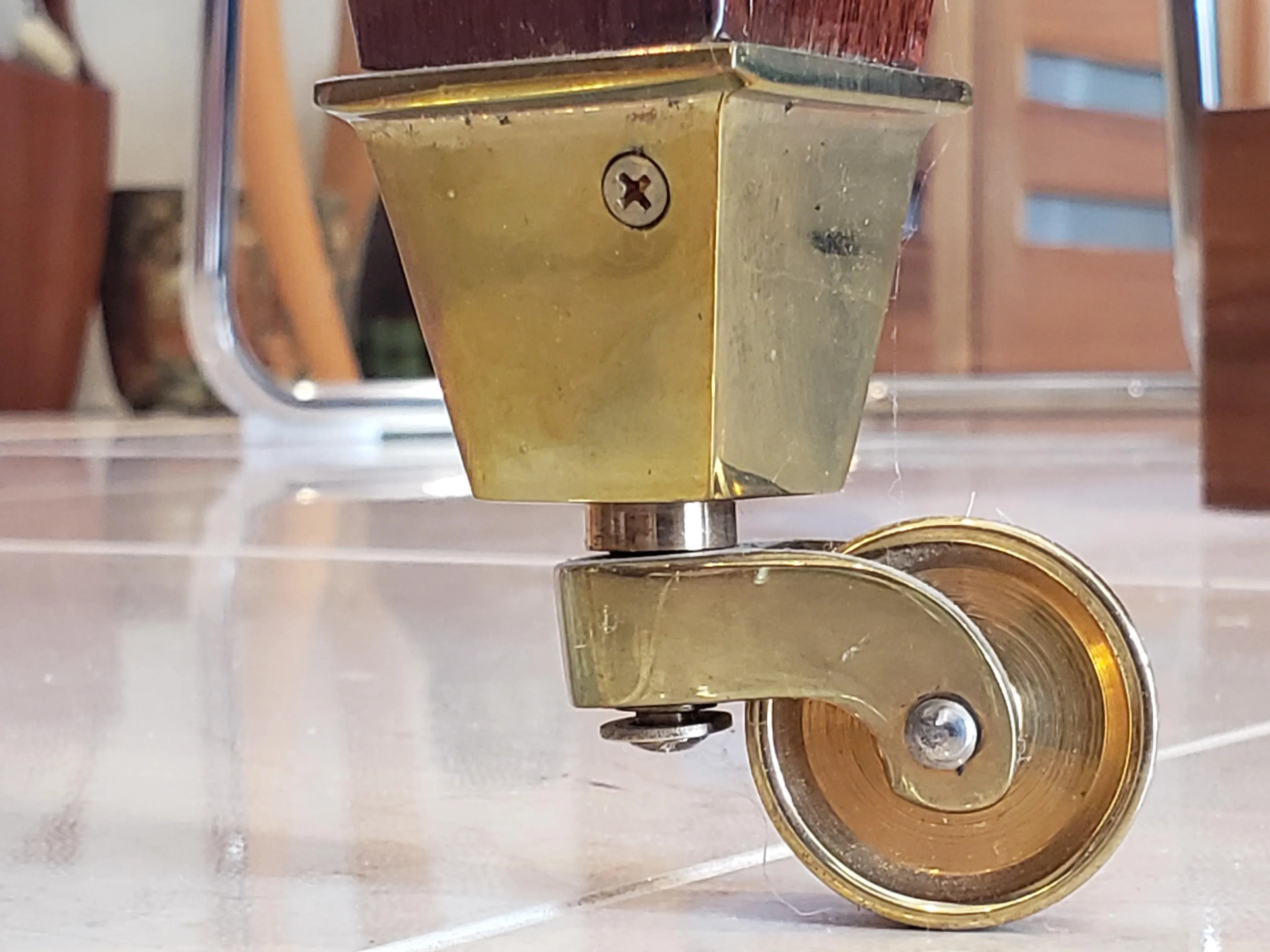 1980s Glass Inlaid in Wood Coffee Table With Brass Roller Feet, detail 5