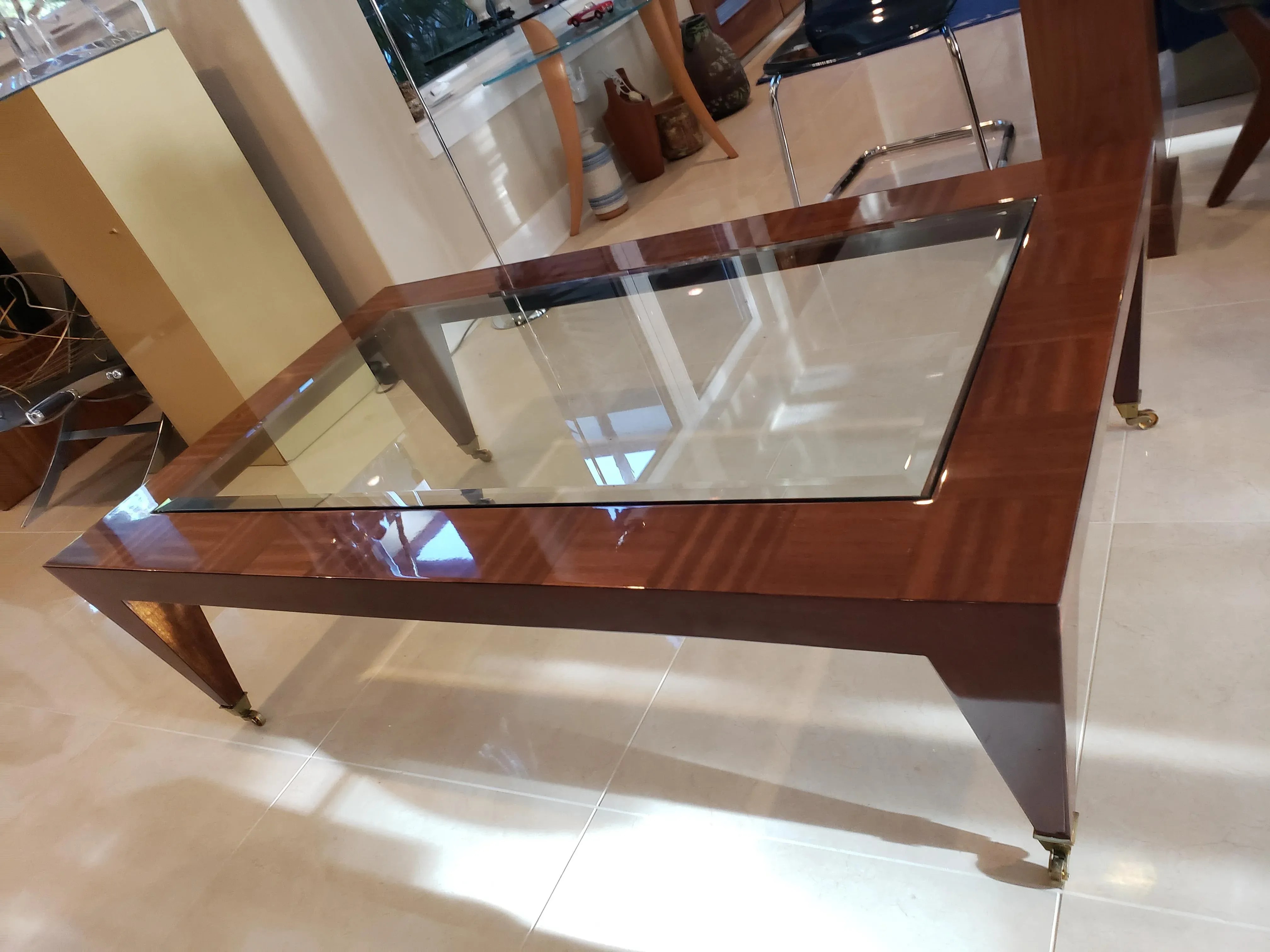 1980s Glass Inlaid in Wood Coffee Table With Brass Roller Feet, detail 6
