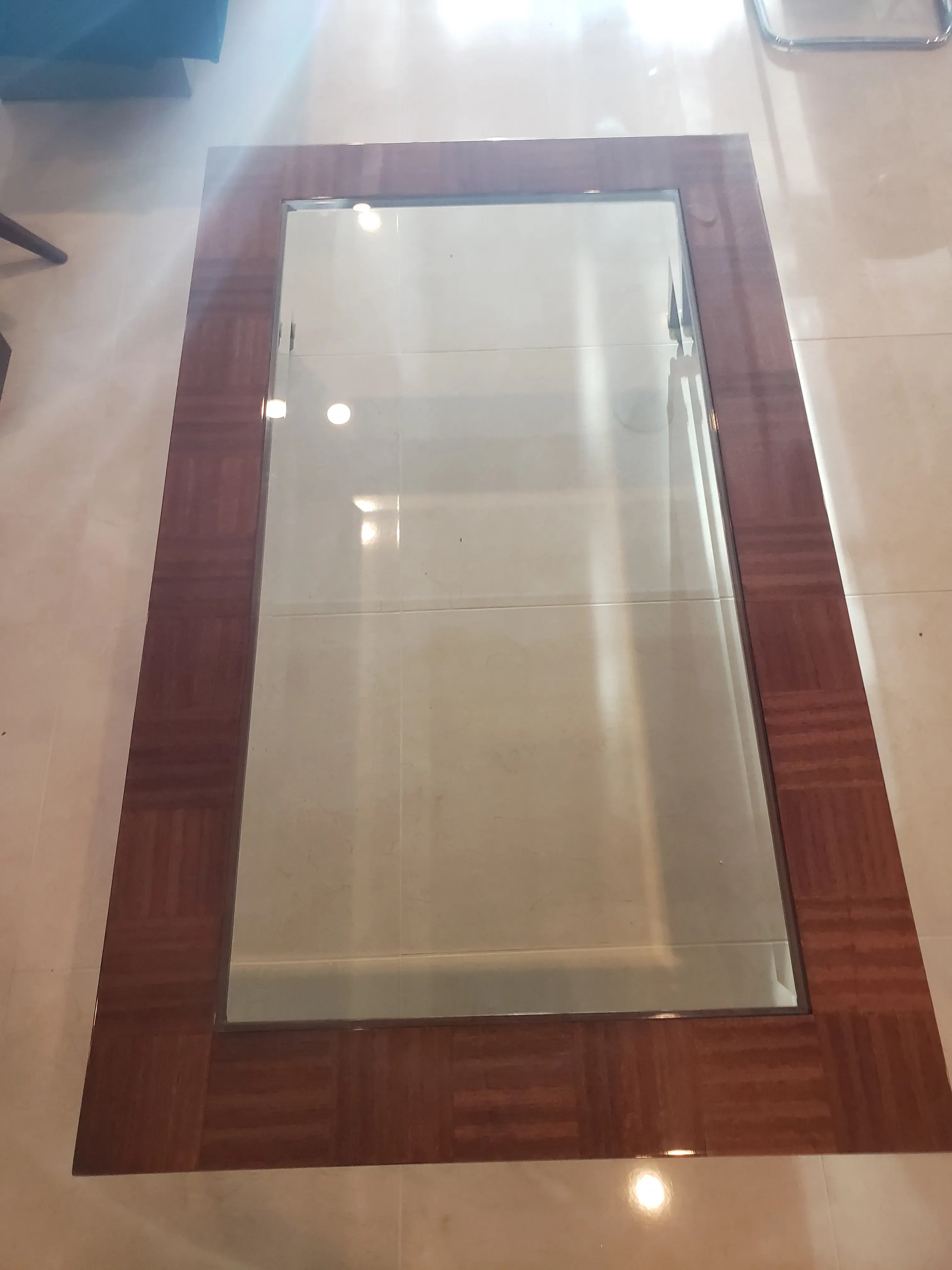 1980s Glass Inlaid in Wood Coffee Table With Brass Roller Feet, detail 7