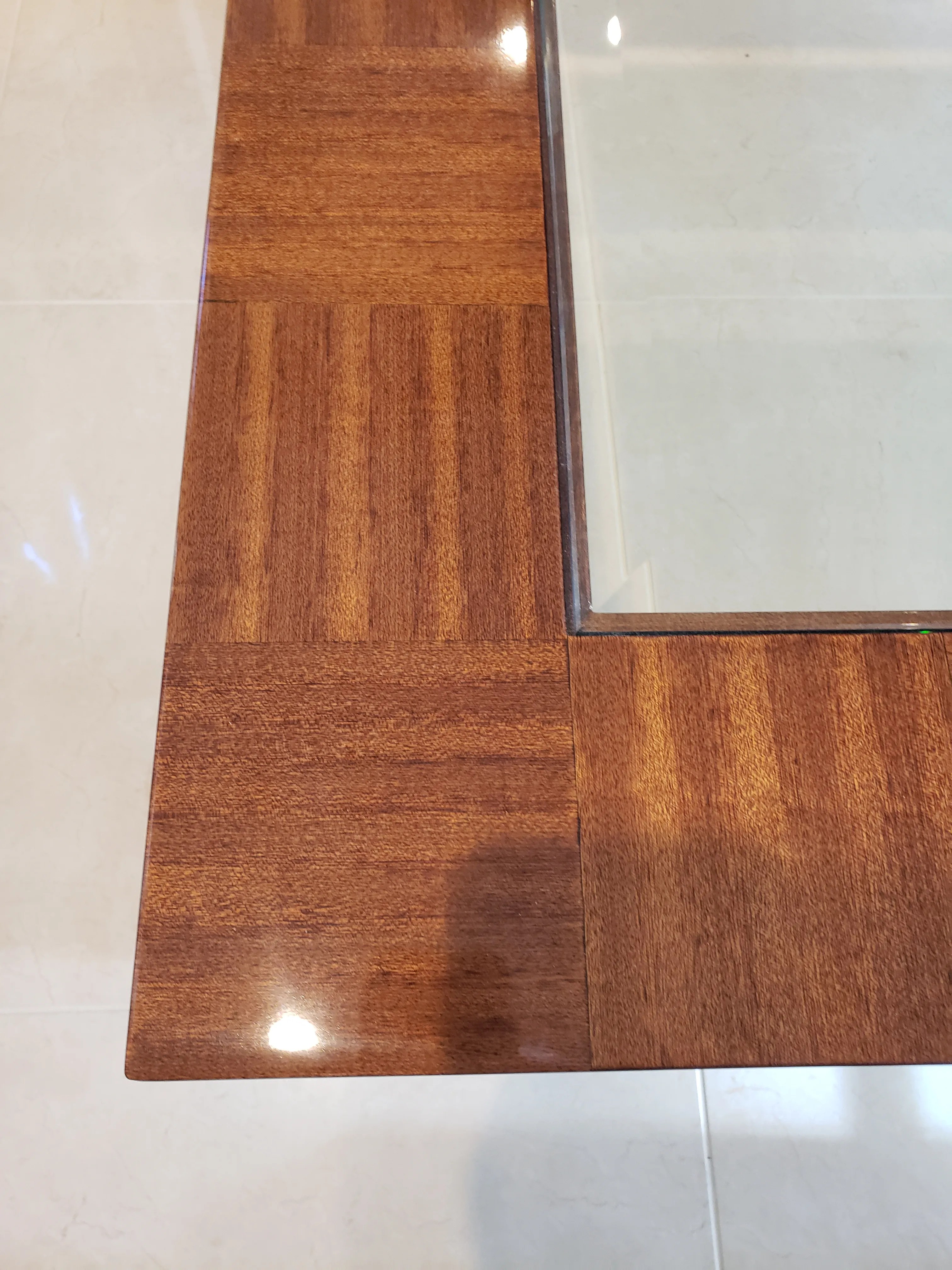 1980s Glass Inlaid in Wood Coffee Table With Brass Roller Feet, detail 8